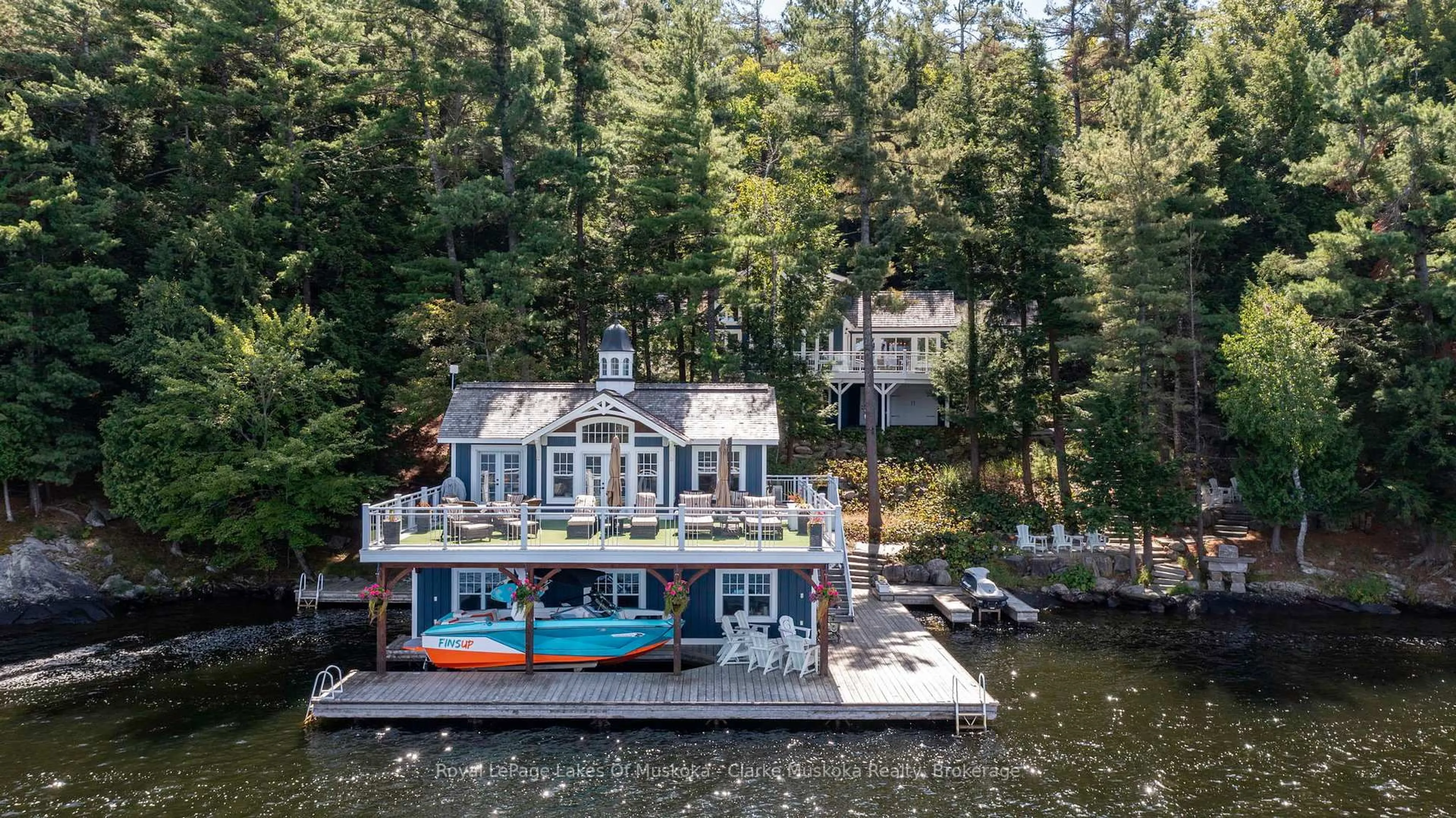 A pic from outside/outdoor area/front of a property/back of a property/a pic from drone, water/lake/river/ocean view for M81 PINE ISLAND #1 Island, Muskoka Lakes Ontario P1L 1W8