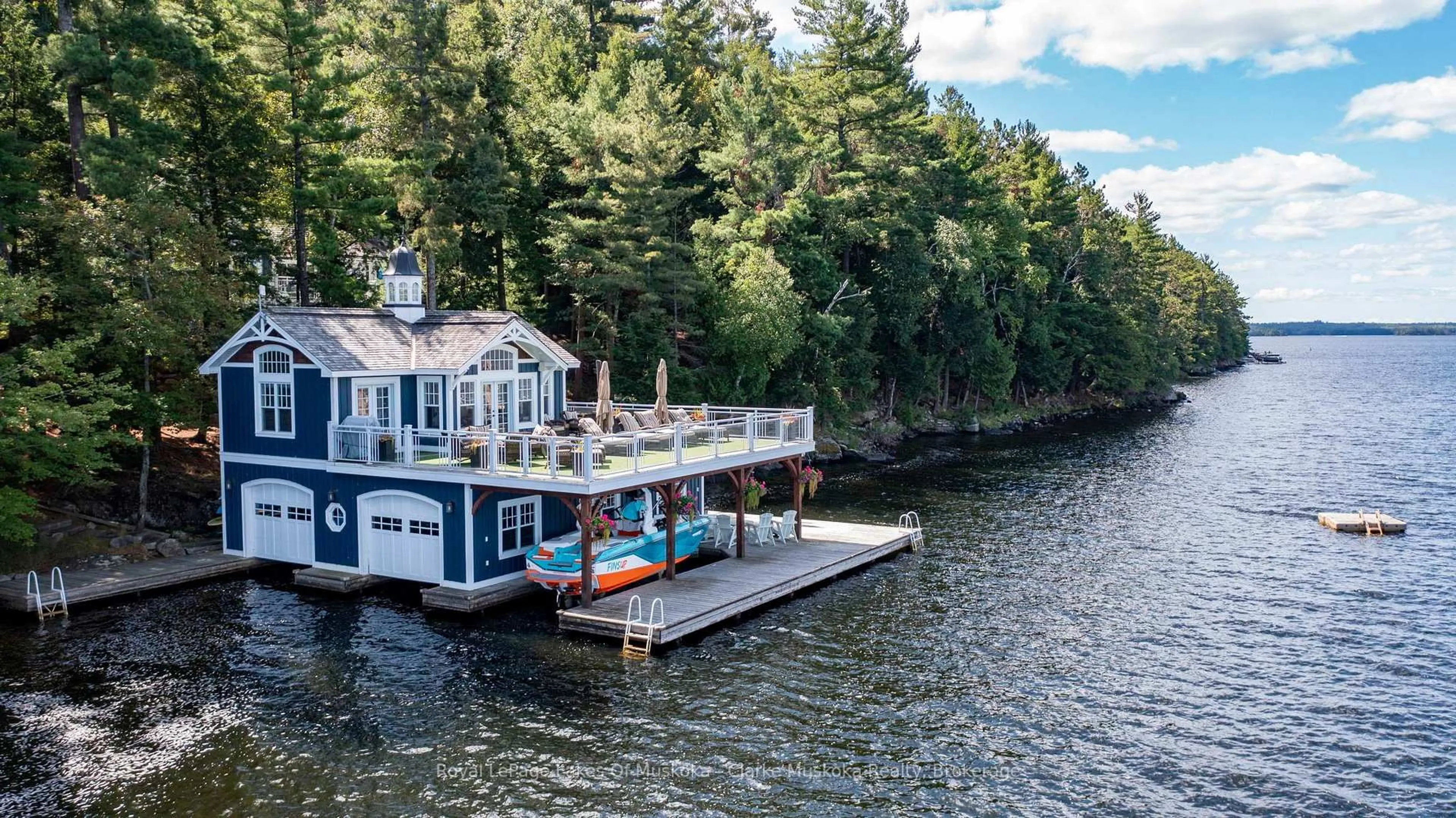 A pic from outside/outdoor area/front of a property/back of a property/a pic from drone, water/lake/river/ocean view for M81 PINE ISLAND #1 & 1B Island, Muskoka Lakes Ontario P1L 1W8