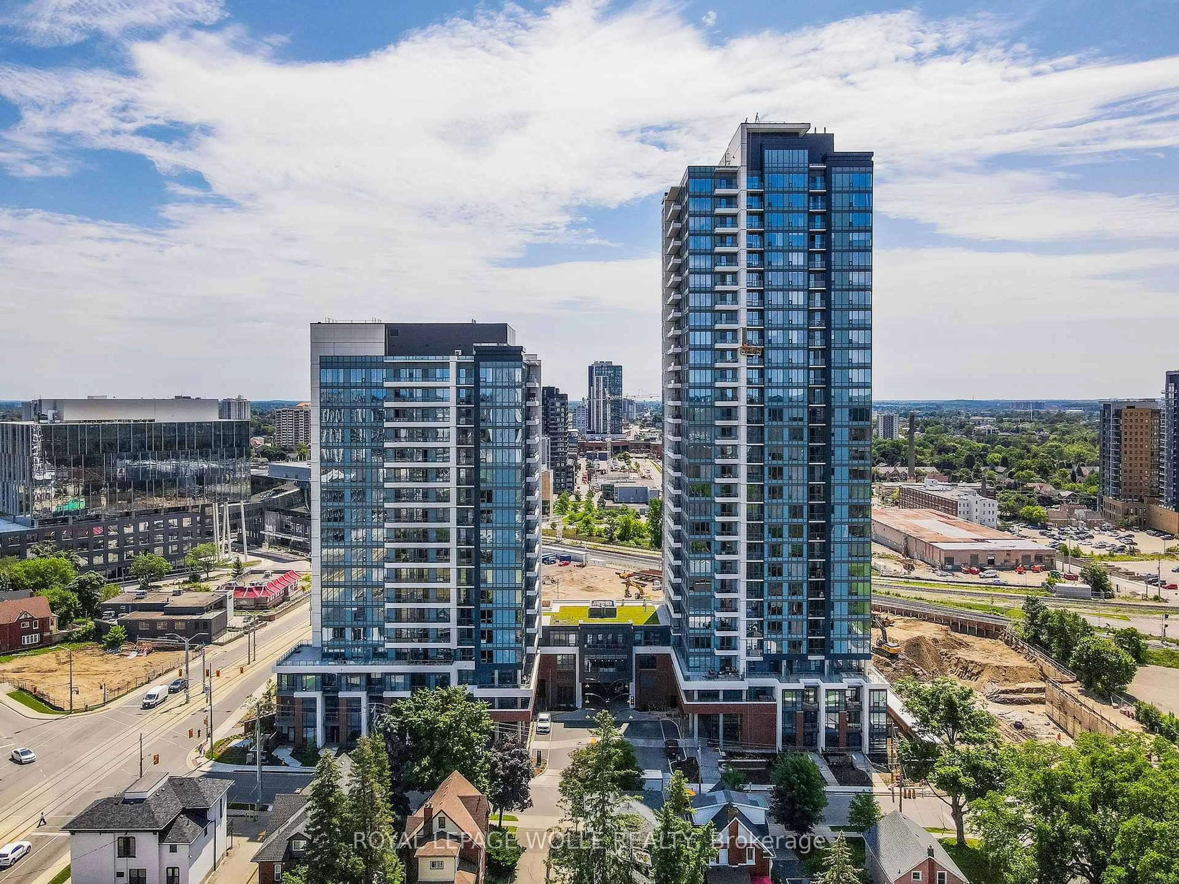 A pic from outside/outdoor area/front of a property/back of a property/a pic from drone, city buildings view from balcony for 15 Wellington St #907, Kitchener Ontario N2G 0E4