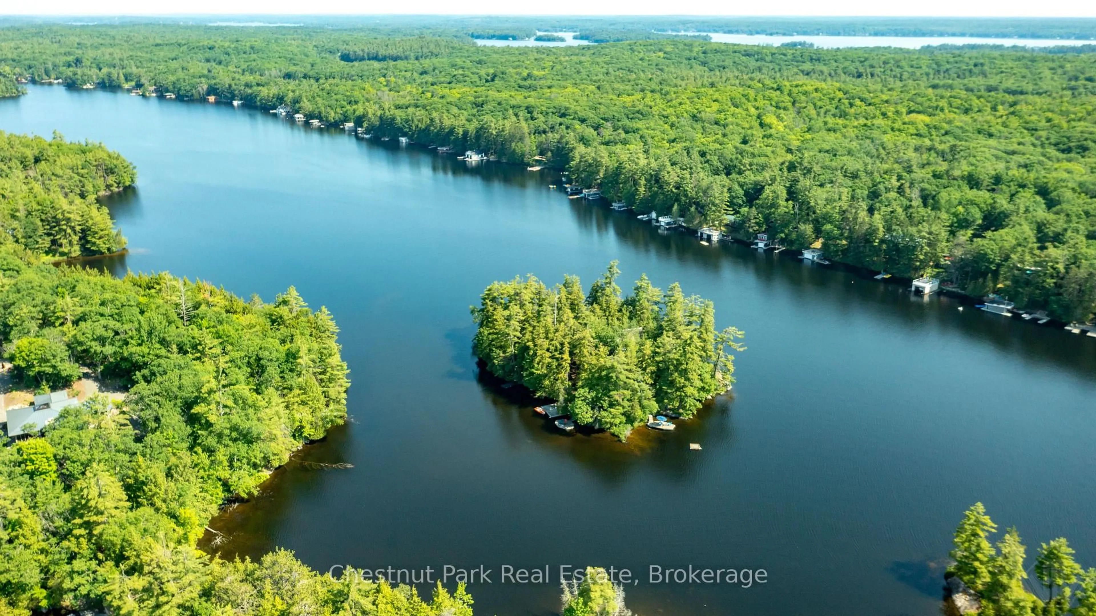 A pic from outside/outdoor area/front of a property/back of a property/a pic from drone, water/lake/river/ocean view for 1 Merlin (Island M91) Island, Muskoka Lakes Ontario P1P 1R2