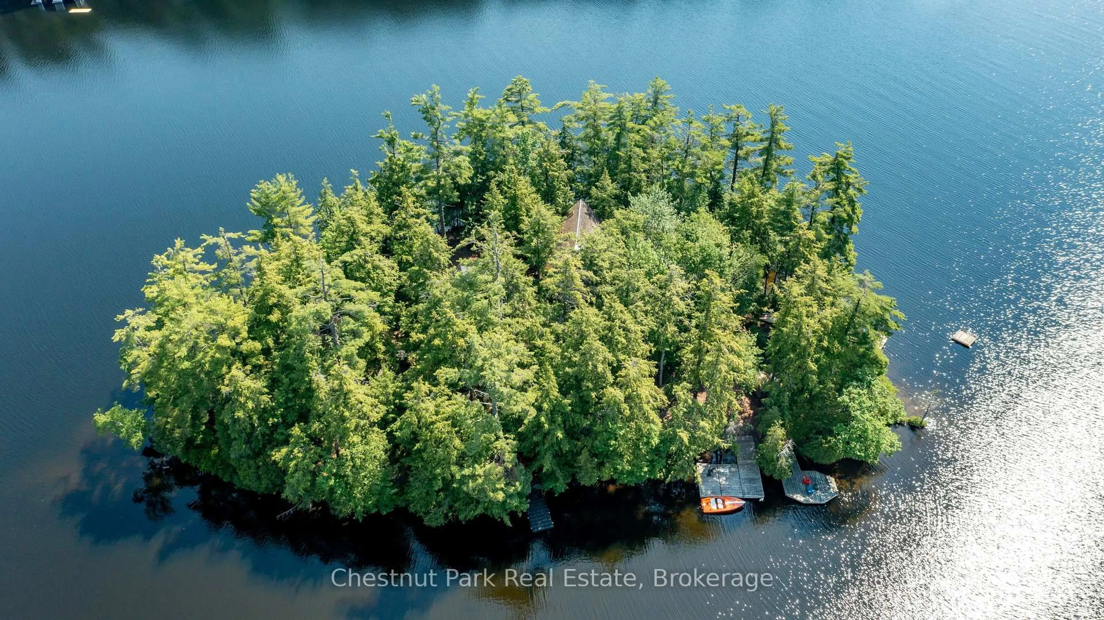 A pic from outside/outdoor area/front of a property/back of a property/a pic from drone, water/lake/river/ocean view for 1 Merlin (Island M91) Island, Muskoka Lakes Ontario P1P 1R2