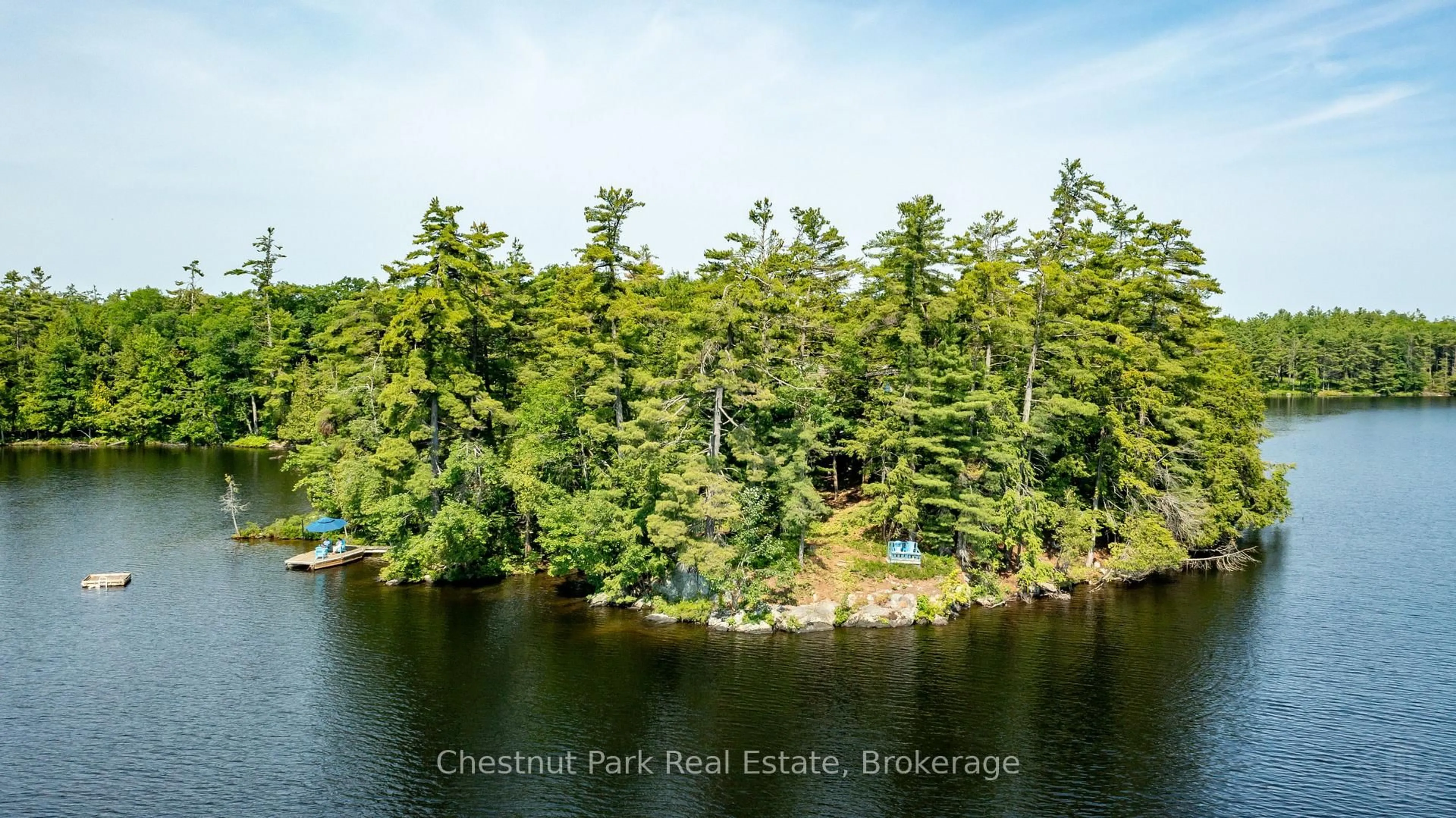 A pic from outside/outdoor area/front of a property/back of a property/a pic from drone, water/lake/river/ocean view for 1 Merlin (Island M91) Island, Muskoka Lakes Ontario P1P 1R2