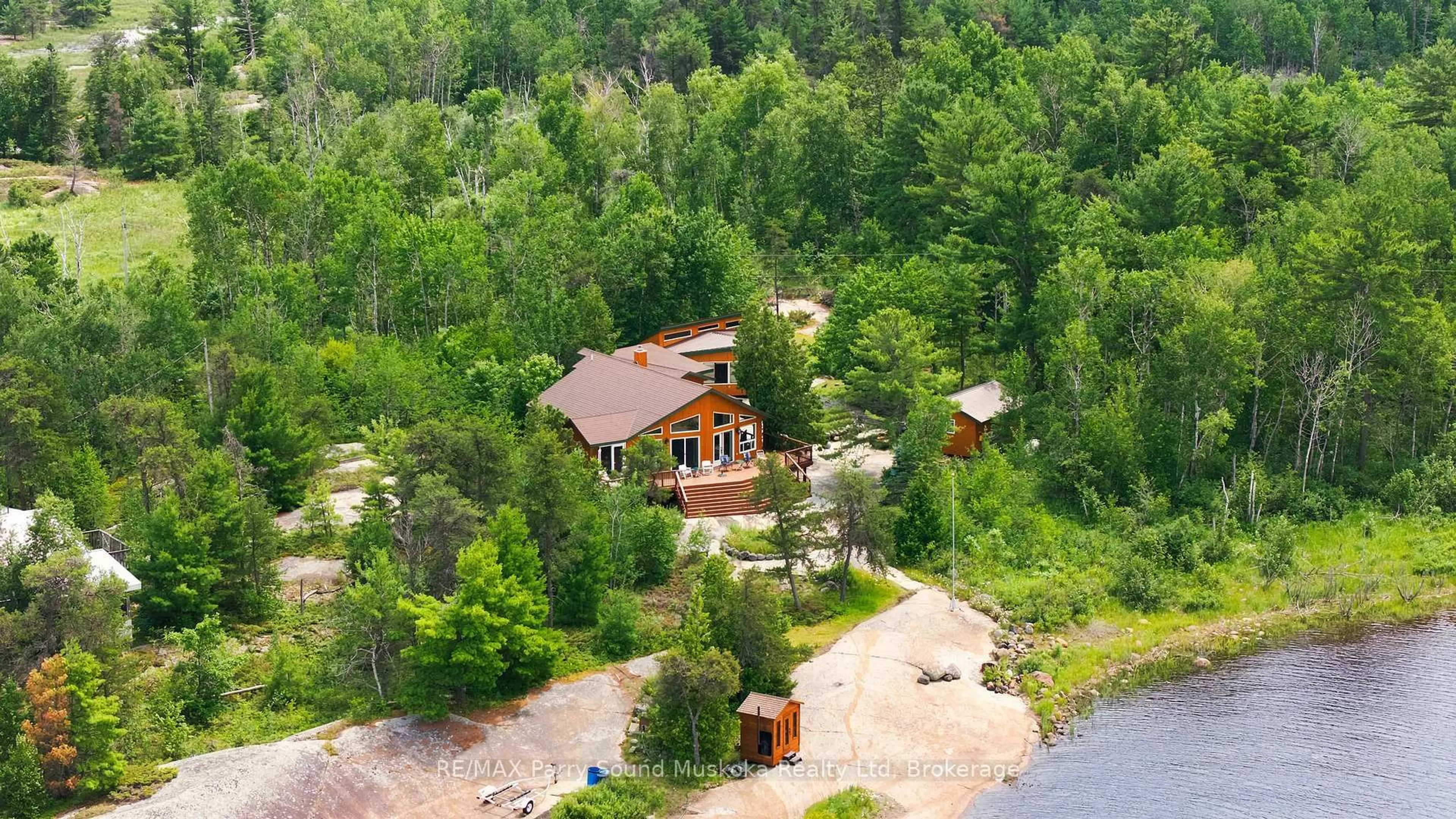 A pic from outside/outdoor area/front of a property/back of a property/a pic from drone, water/lake/river/ocean view for 2397 Key River, Parry Sound Remote Area Ontario P0G 1A0