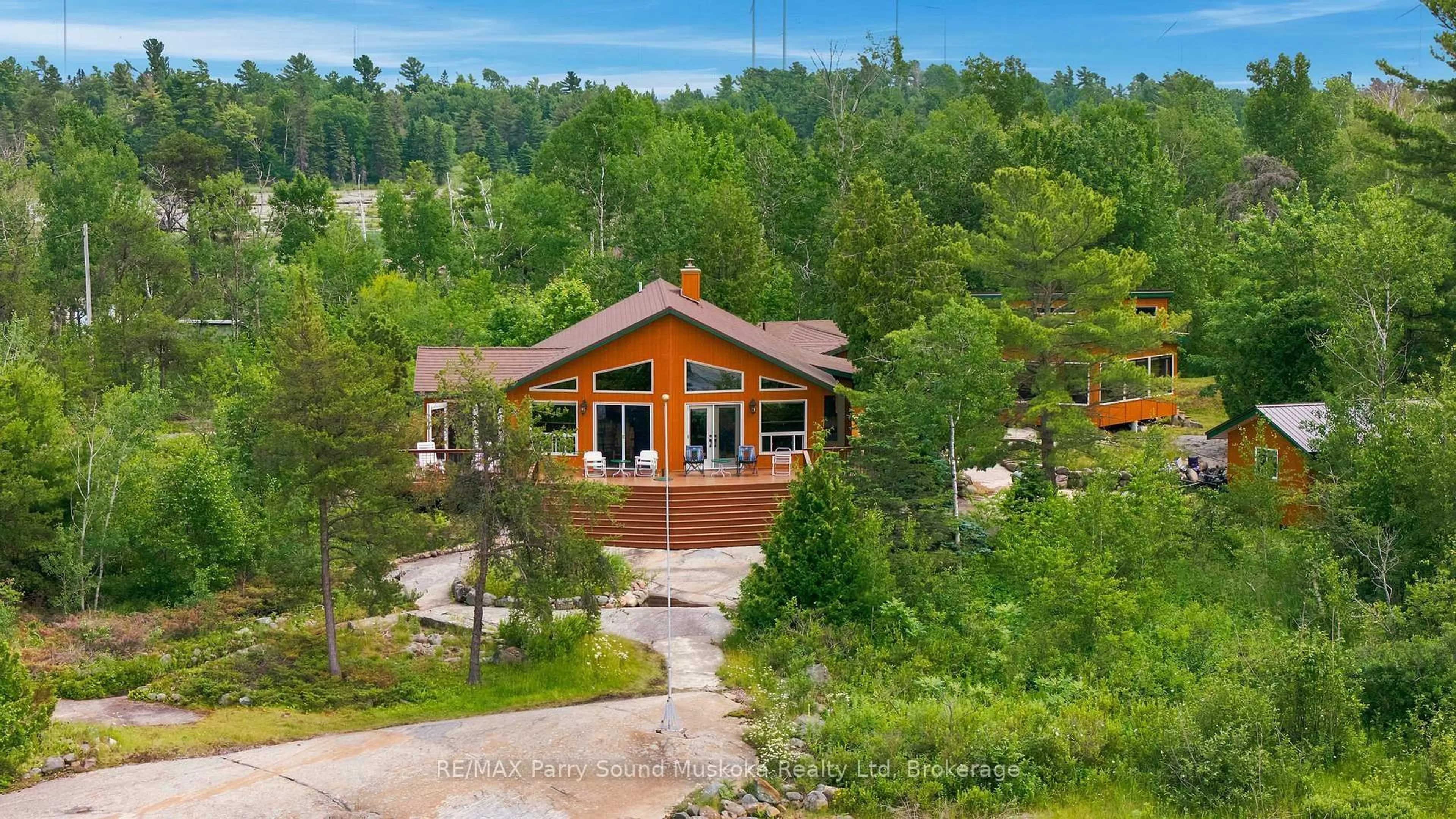A pic from outside/outdoor area/front of a property/back of a property/a pic from drone, forest/trees view for 2397 Key River, Parry Sound Remote Area Ontario P0G 1A0