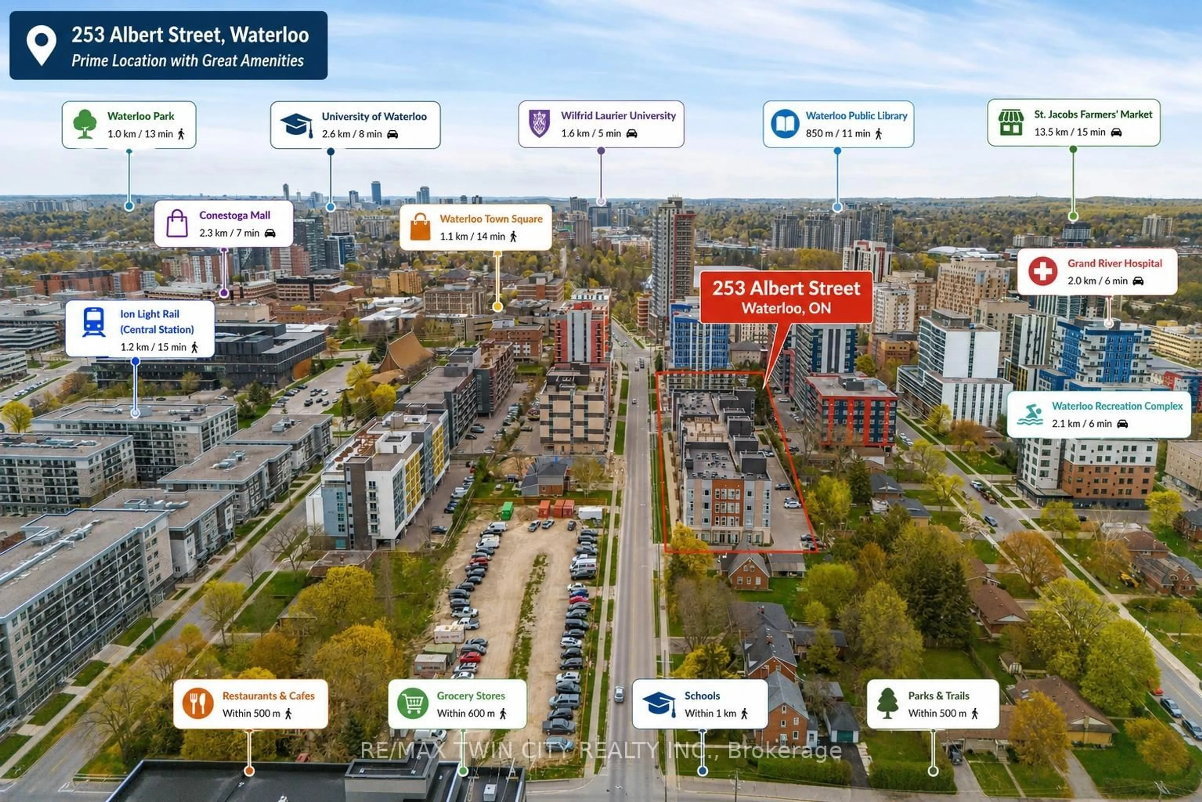 A pic from outside/outdoor area/front of a property/back of a property/a pic from drone, city buildings view from balcony for 253 Albert St #103, Waterloo Ontario N2L 3T7
