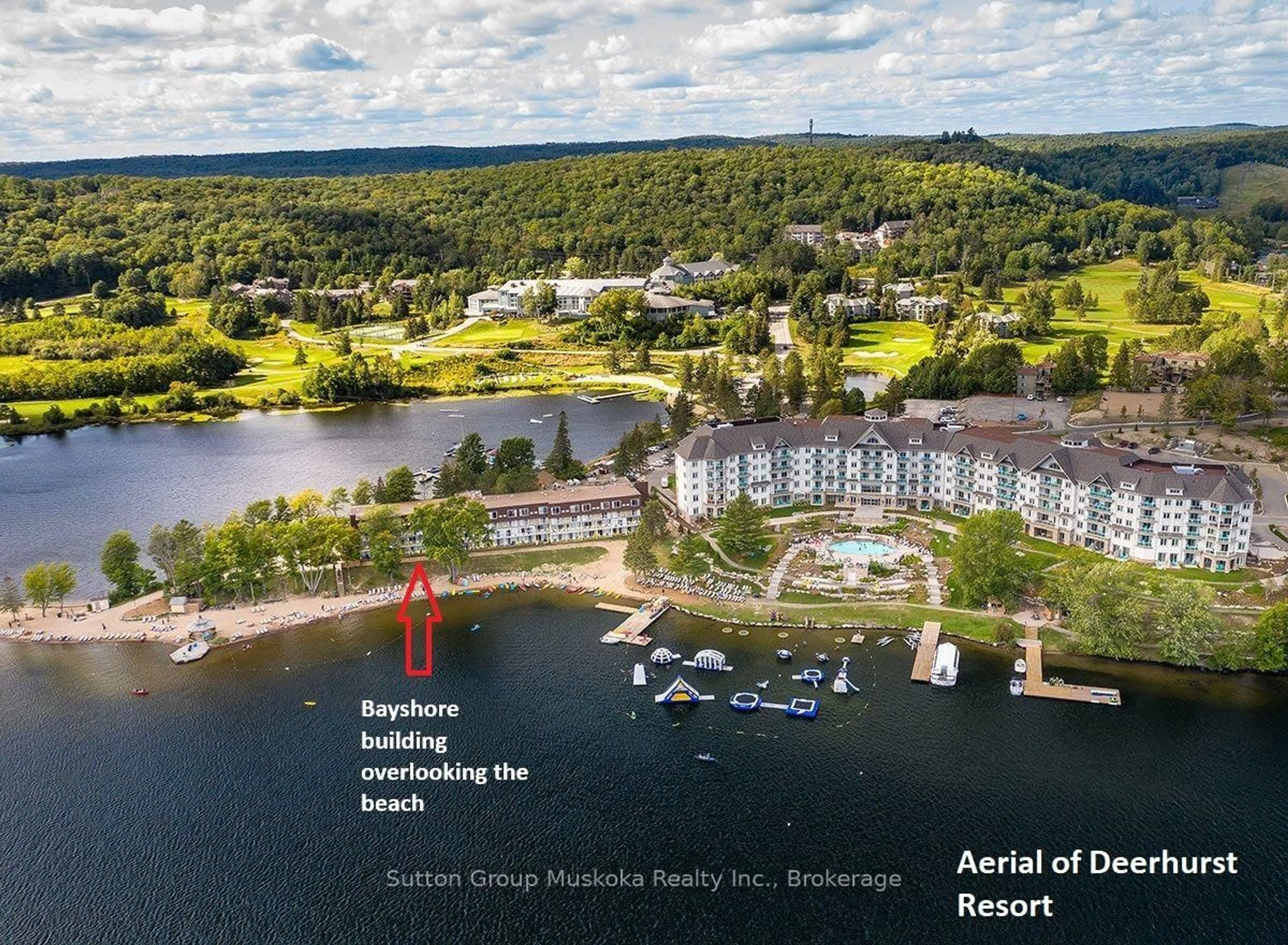 A pic from outside/outdoor area/front of a property/back of a property/a pic from drone, water/lake/river/ocean view for 54-203 Deerhurst Dr #54-203, Huntsville Ontario P1H 2E8