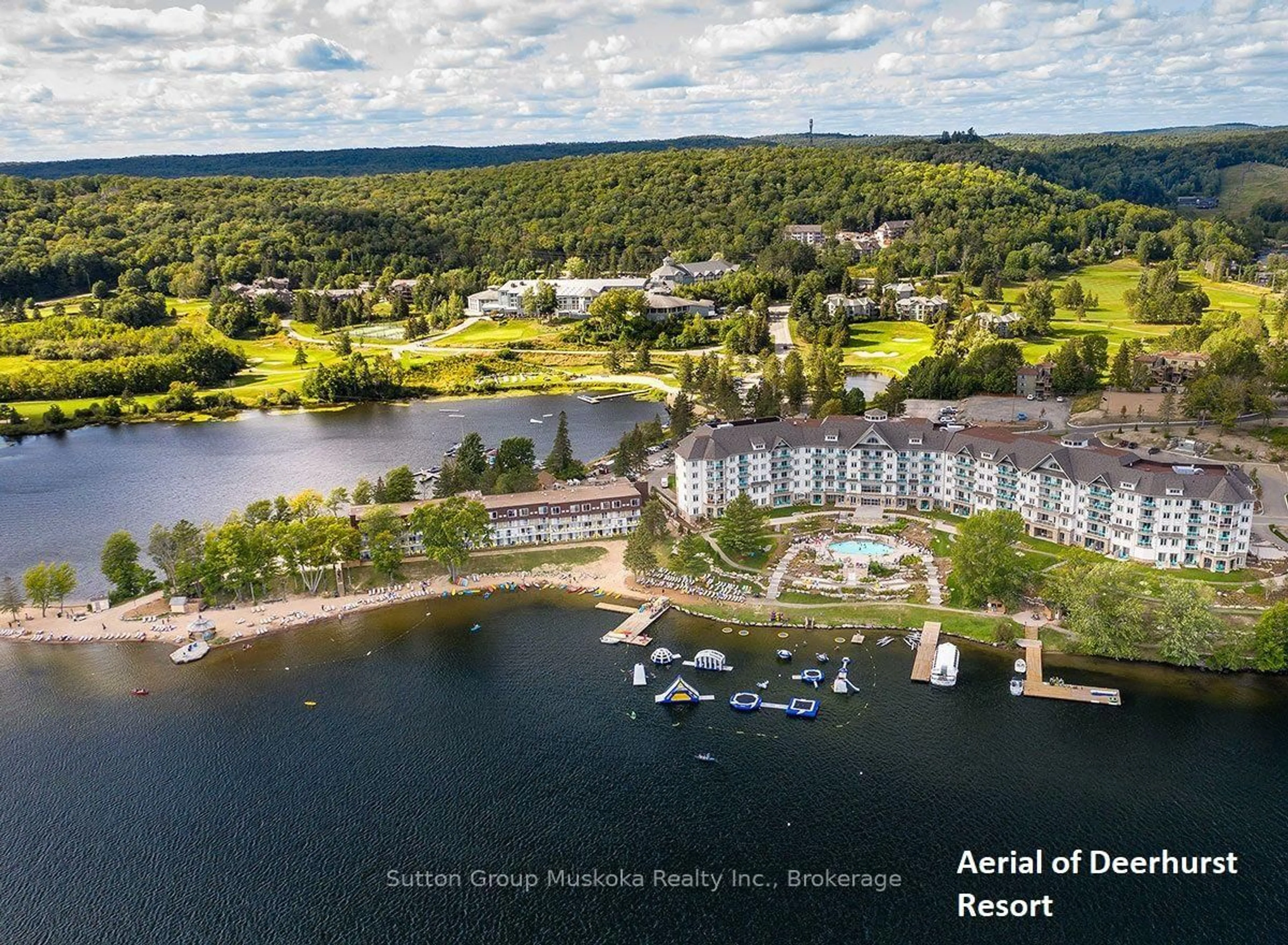A pic from outside/outdoor area/front of a property/back of a property/a pic from drone, water/lake/river/ocean view for 52-205 Deerhurst Dr, Huntsville Ontario P1H 2E8