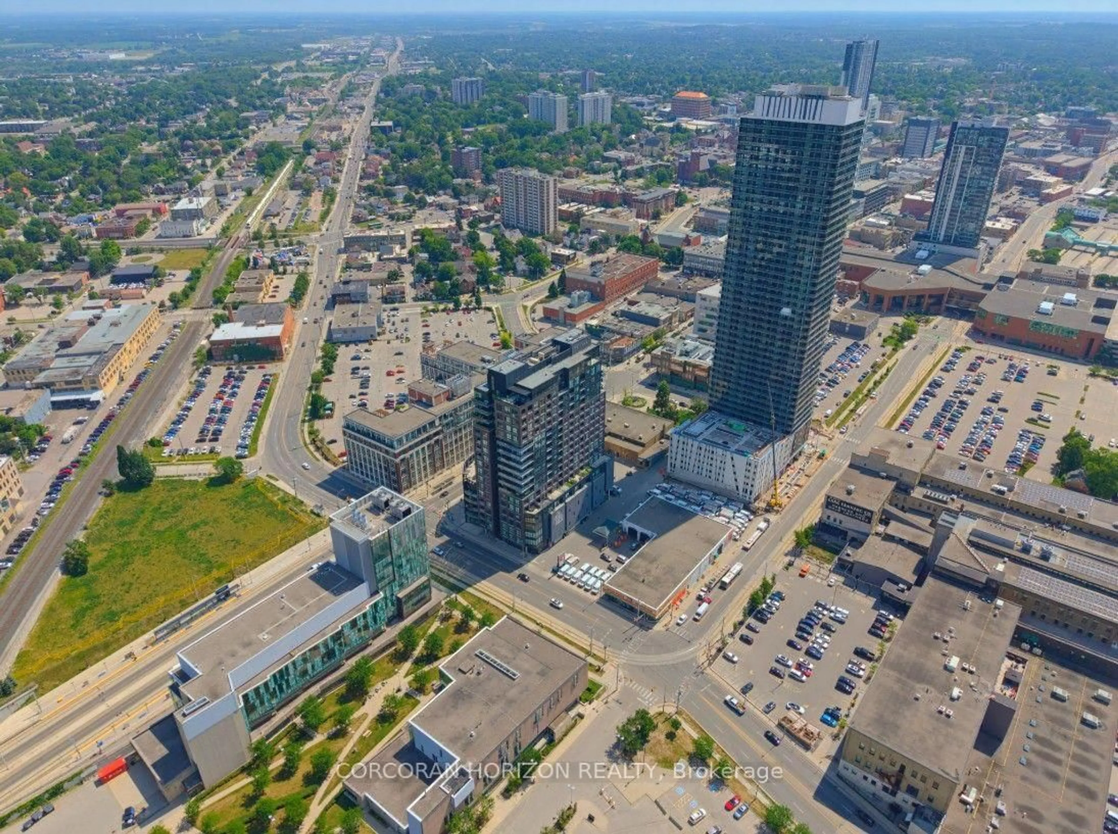 A pic from outside/outdoor area/front of a property/back of a property/a pic from drone, city buildings view from balcony for 1 Victoria St #1903, Kitchener Ontario N2G 0B5