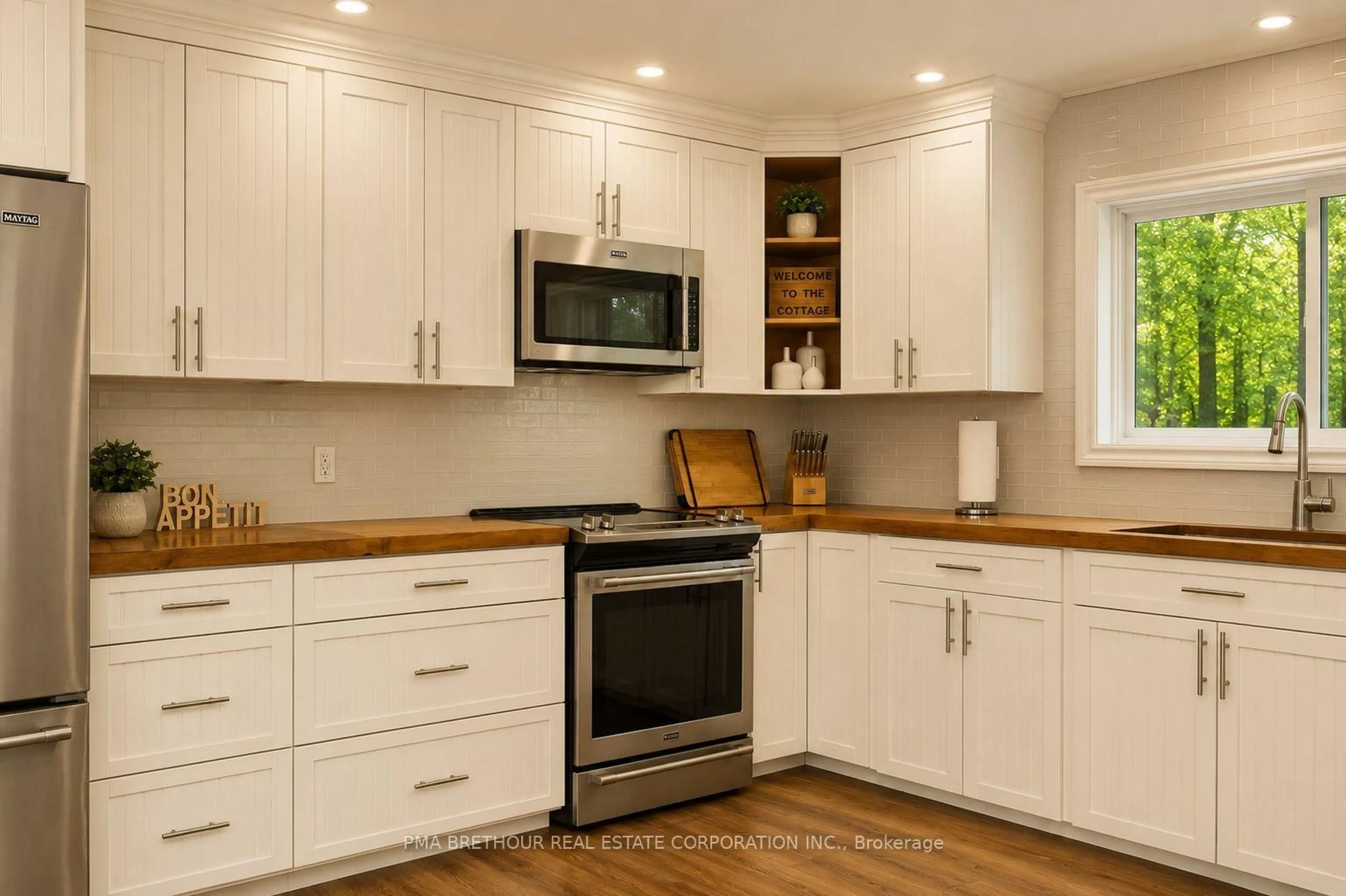 Open concept kitchen, wood/laminate floor for 56 Long Lake Estates Rd, McDougall Ontario P2A 2W7