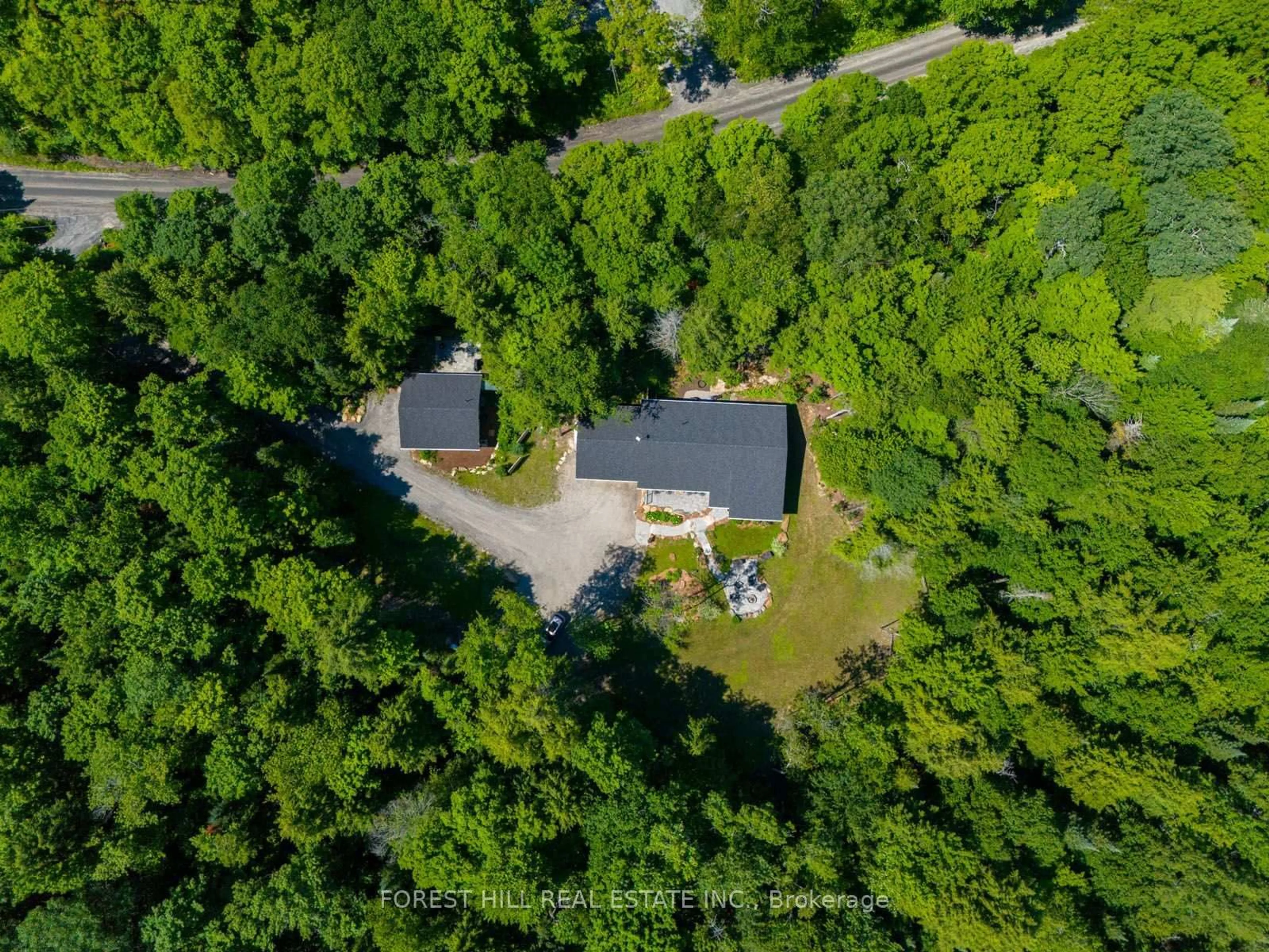 A pic from outside/outdoor area/front of a property/back of a property/a pic from drone, forest/trees view for 315 North Fox Lake Rd, Huntsville Ontario P1H 2J2