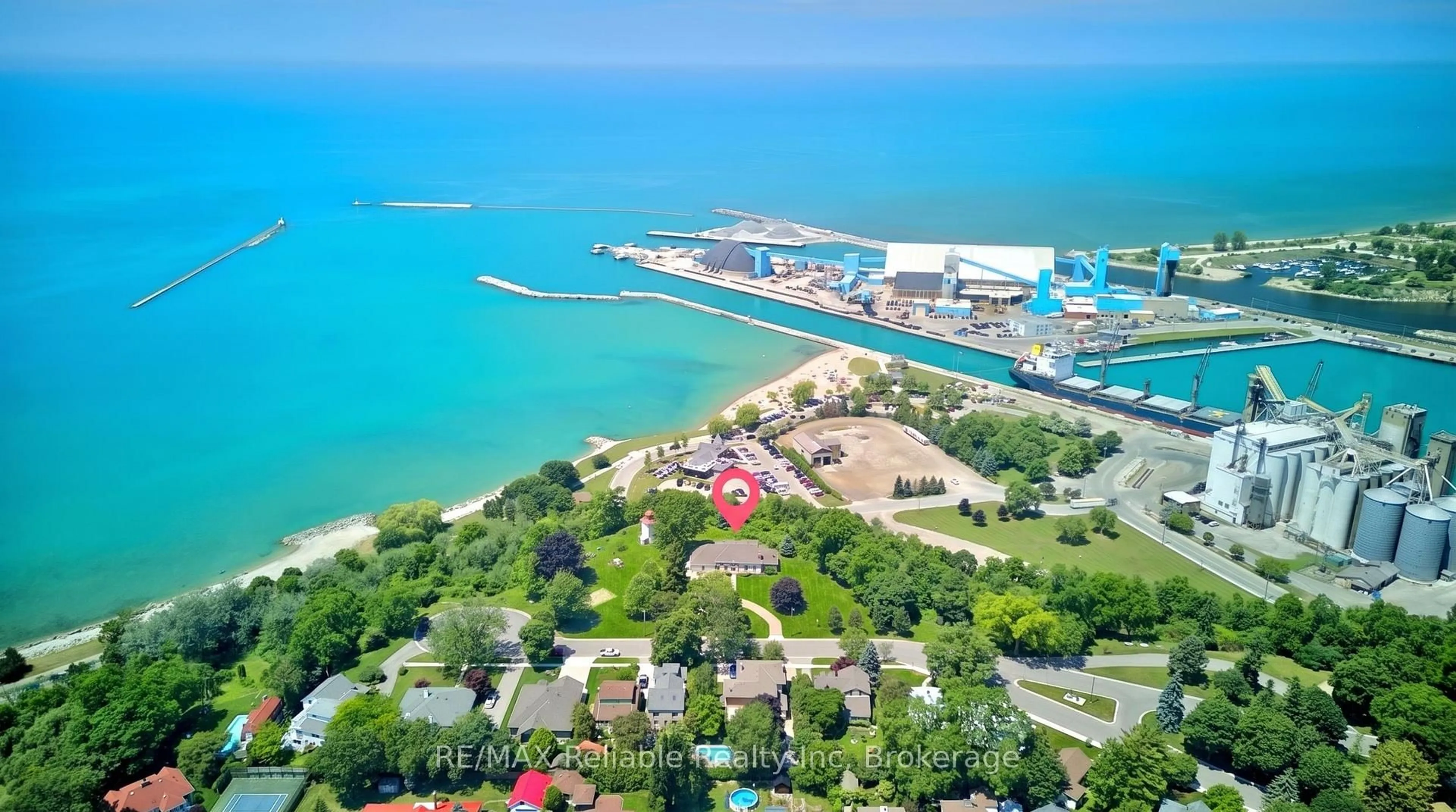 A pic from outside/outdoor area/front of a property/back of a property/a pic from drone, water/lake/river/ocean view for 1 Harbour Lane, Goderich Ontario N7A 4J8