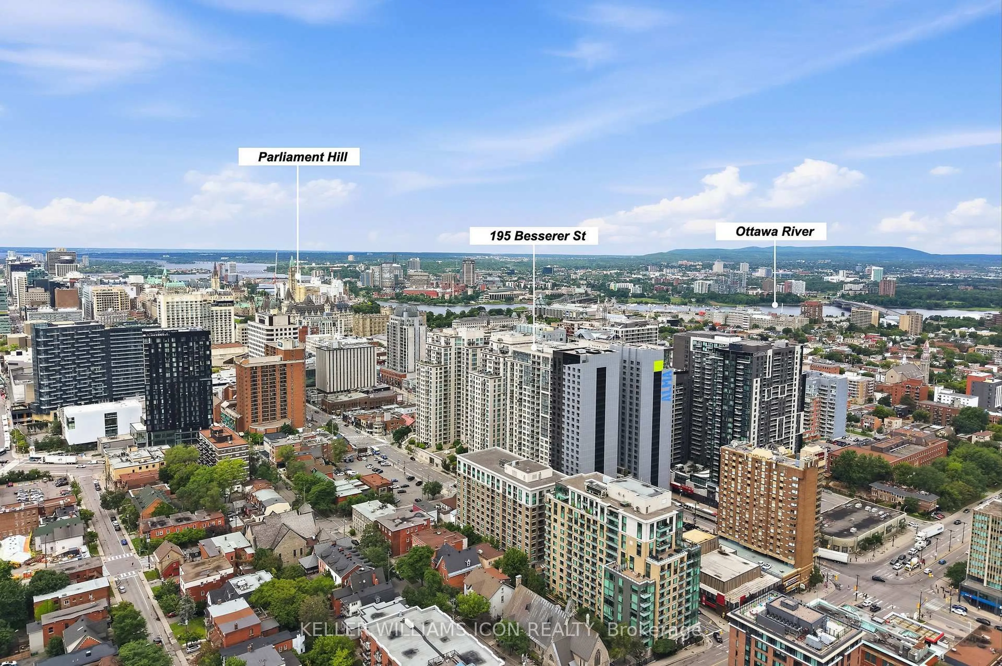 A pic from outside/outdoor area/front of a property/back of a property/a pic from drone, city buildings view from balcony for 195 BESSERER St #2202, Ottawa Ontario K1N 0B6
