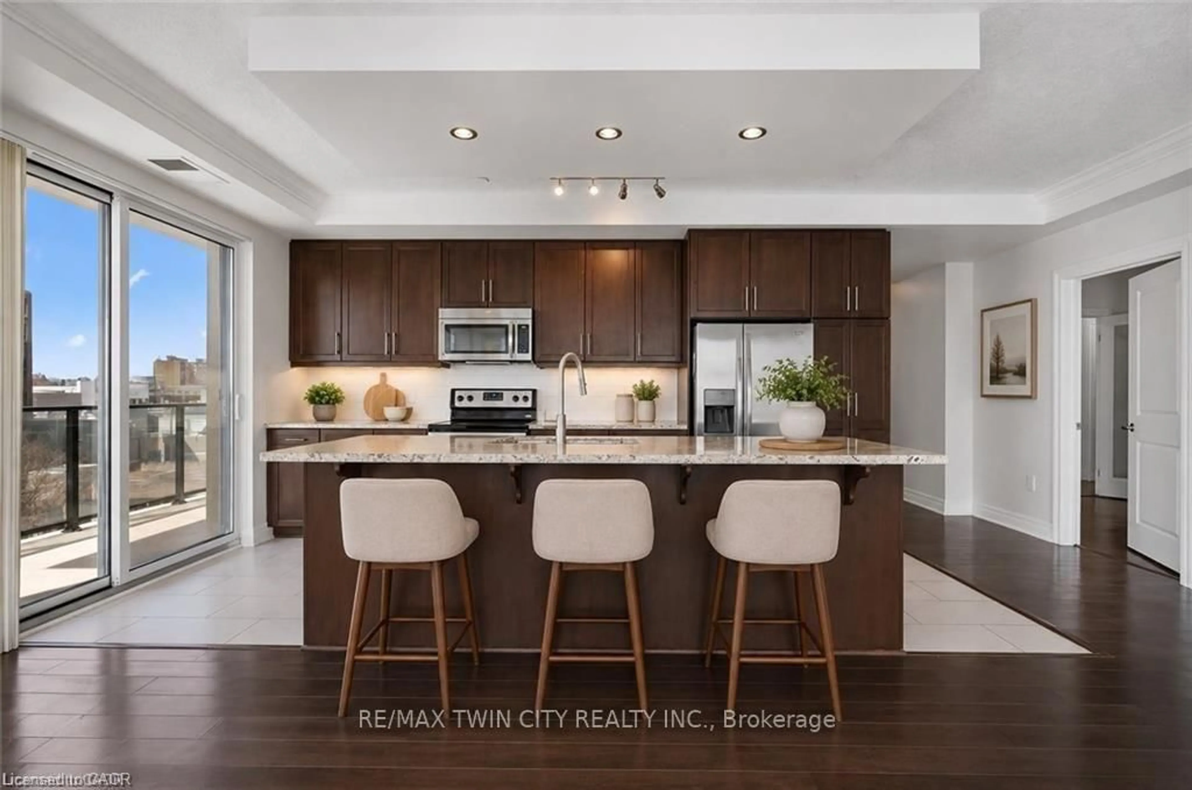 Open concept kitchen, ceramic/tile floor for 160 Macdonell St #607, Guelph Ontario N1H 0A9