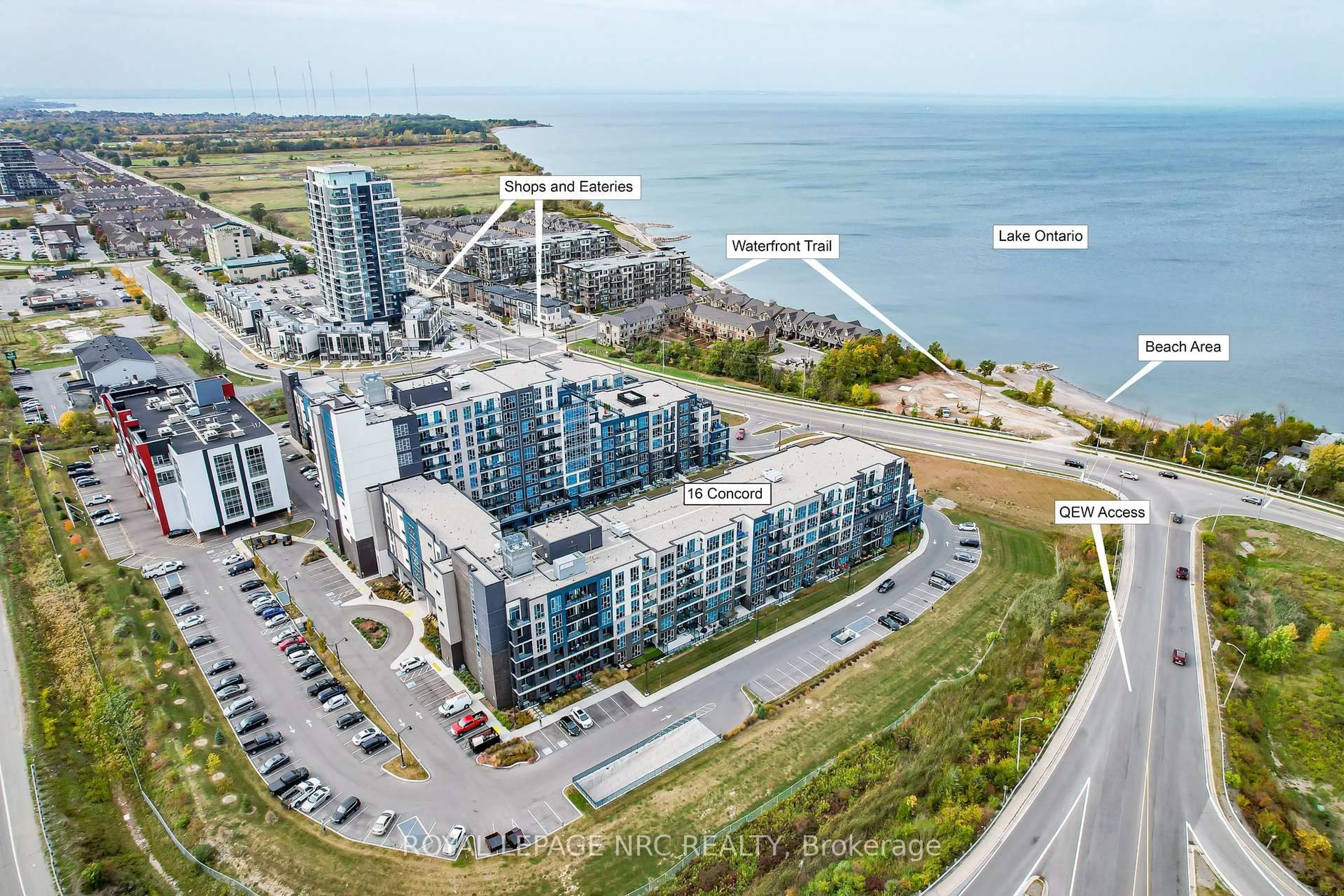 A pic from outside/outdoor area/front of a property/back of a property/a pic from drone, water/lake/river/ocean view for 16 Concord Pl #232, Grimsby Ontario L3M 0J1