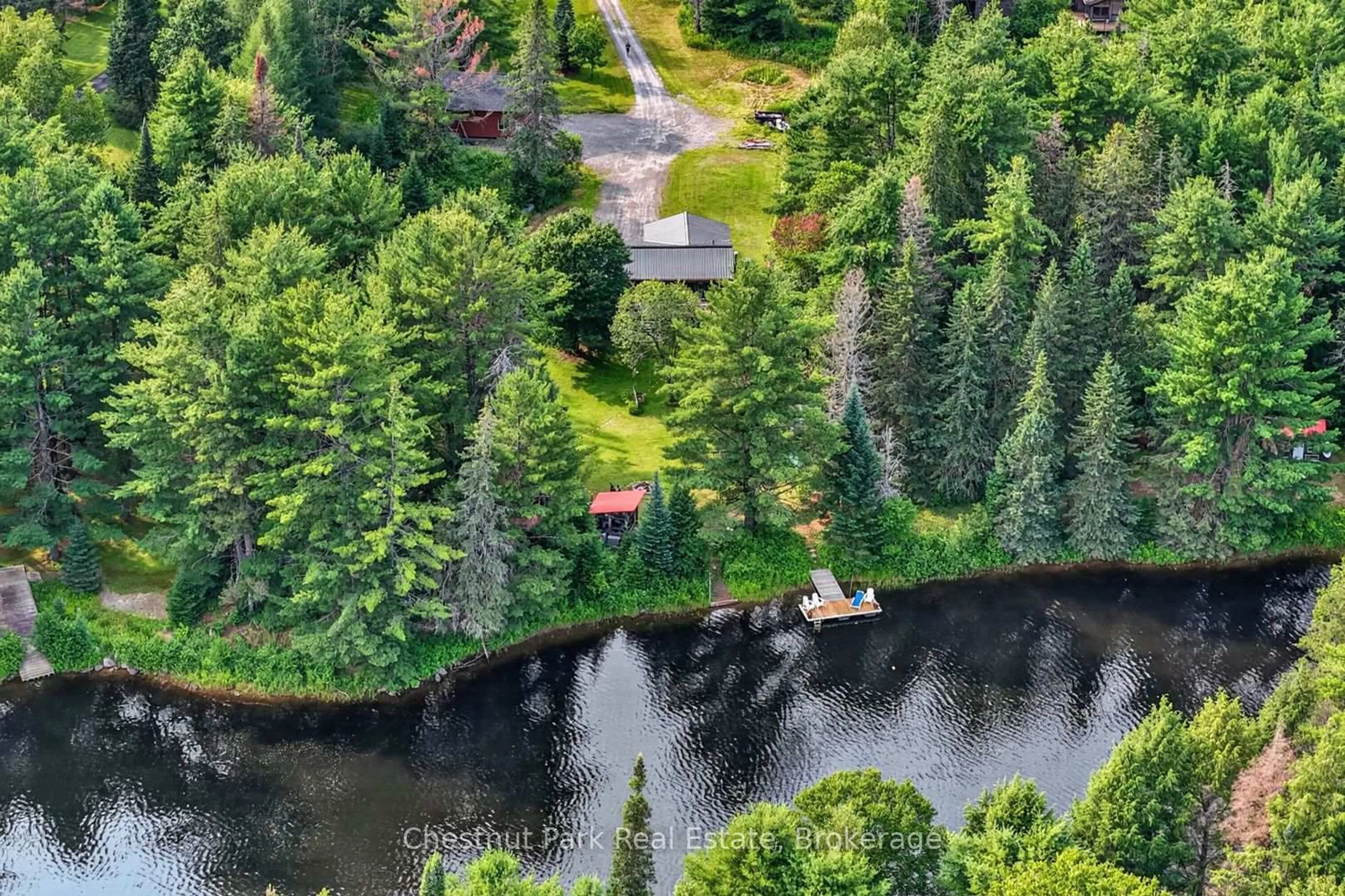 A pic from outside/outdoor area/front of a property/back of a property/a pic from drone, water/lake/river/ocean view for 1162 High Falls Rd, Bracebridge Ontario P1L 1W9