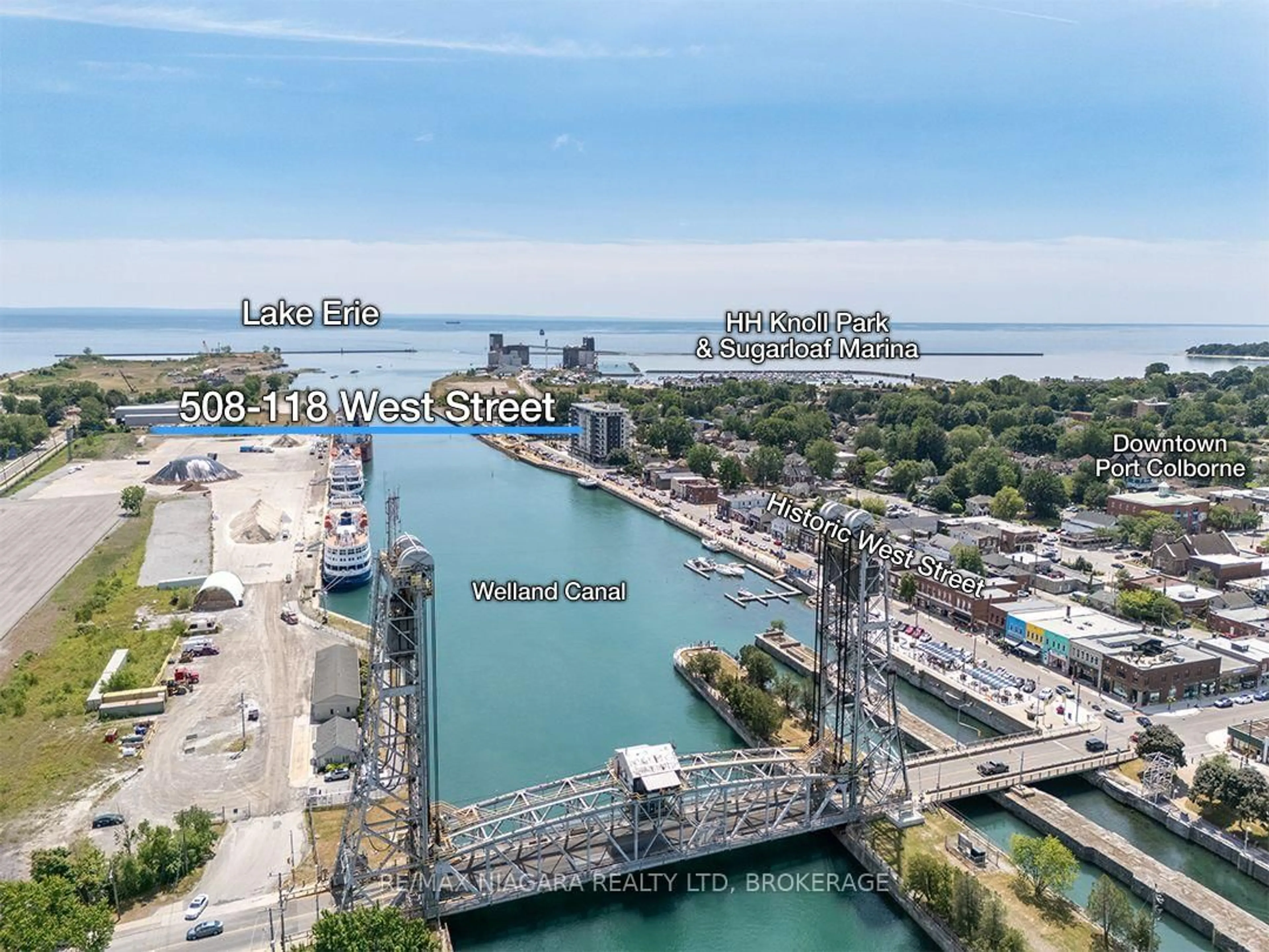A pic from outside/outdoor area/front of a property/back of a property/a pic from drone, water/lake/river/ocean view for 118 West St #508, Port Colborne Ontario L3K 0B9