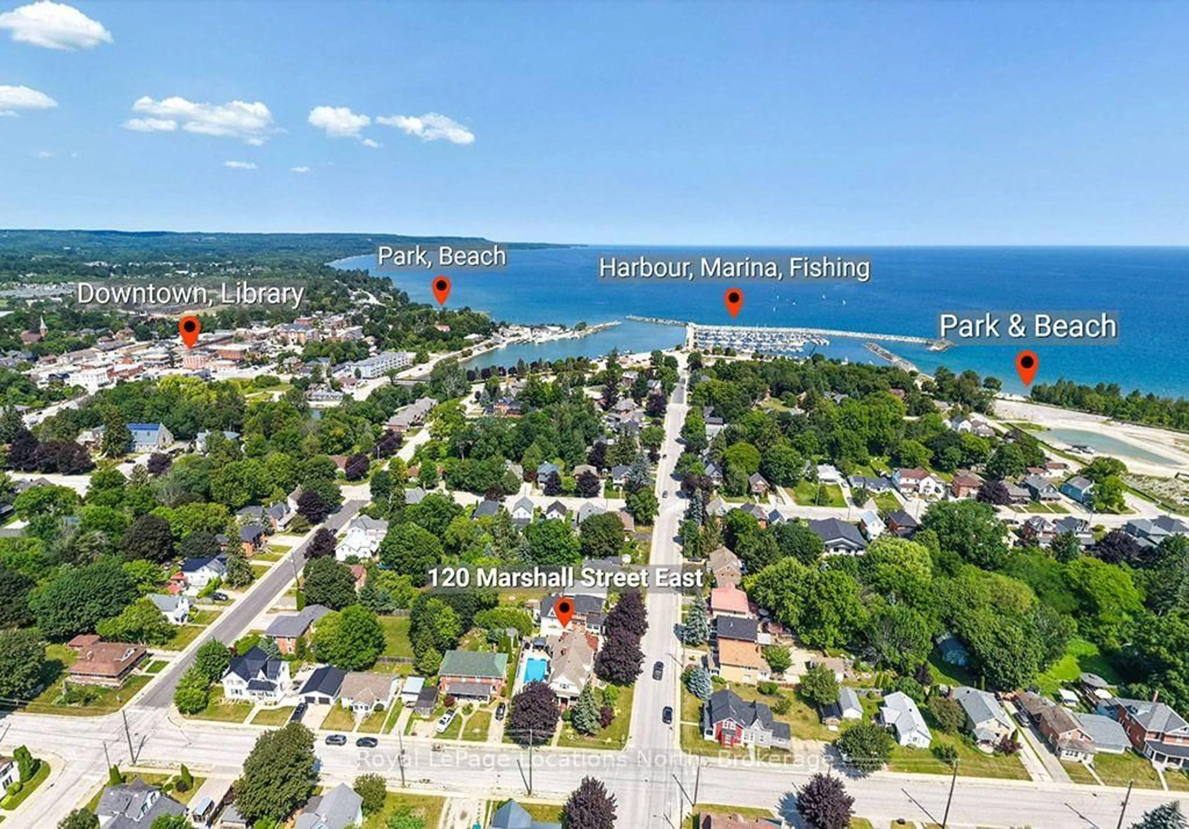 A pic from outside/outdoor area/front of a property/back of a property/a pic from drone, water/lake/river/ocean view for 120 Marshall St, Meaford Ontario N4L 1C3