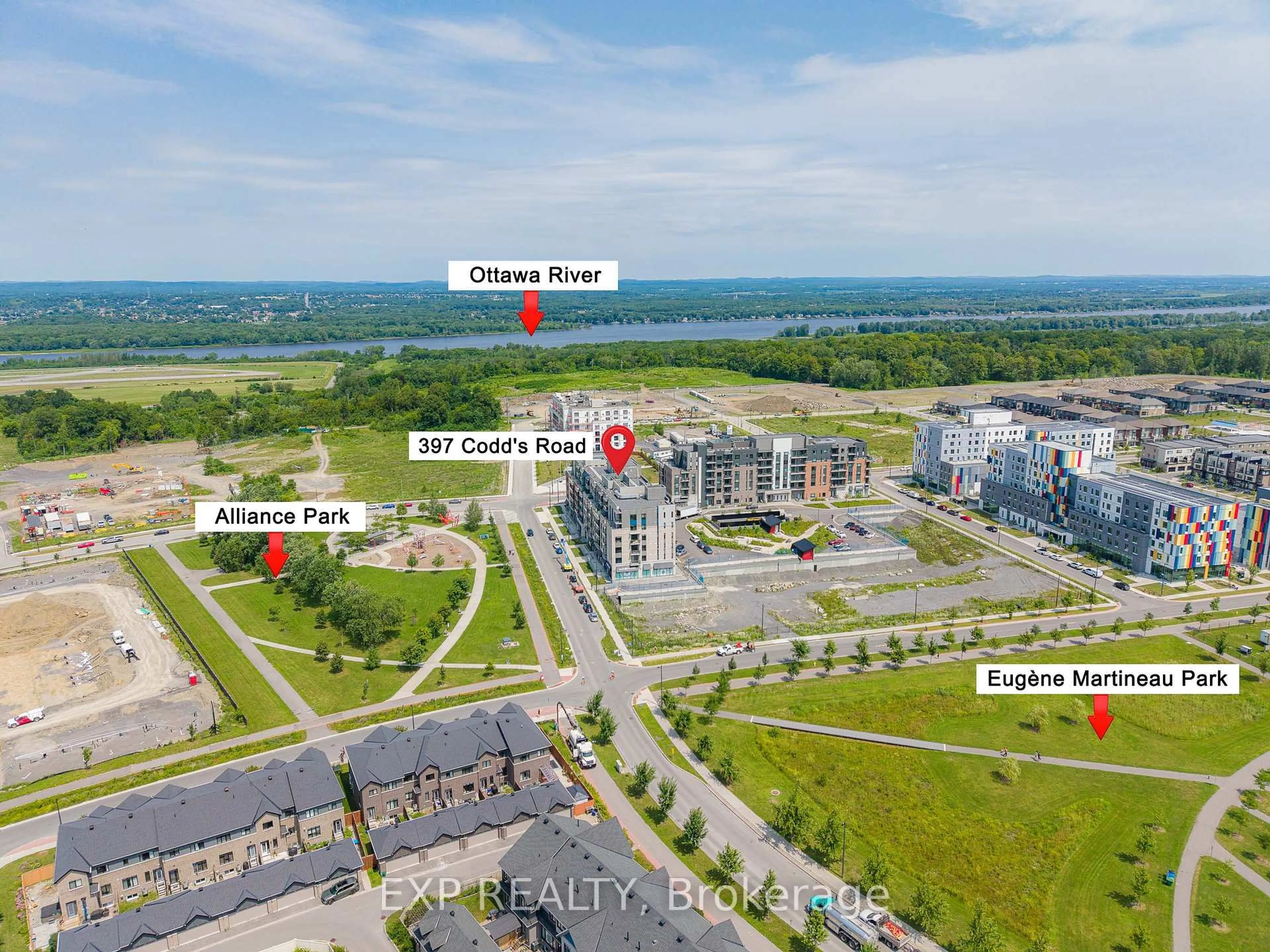 A pic from outside/outdoor area/front of a property/back of a property/a pic from drone, water/lake/river/ocean view for 397 Codds Rd #202, Ottawa Ontario K1K 5C7