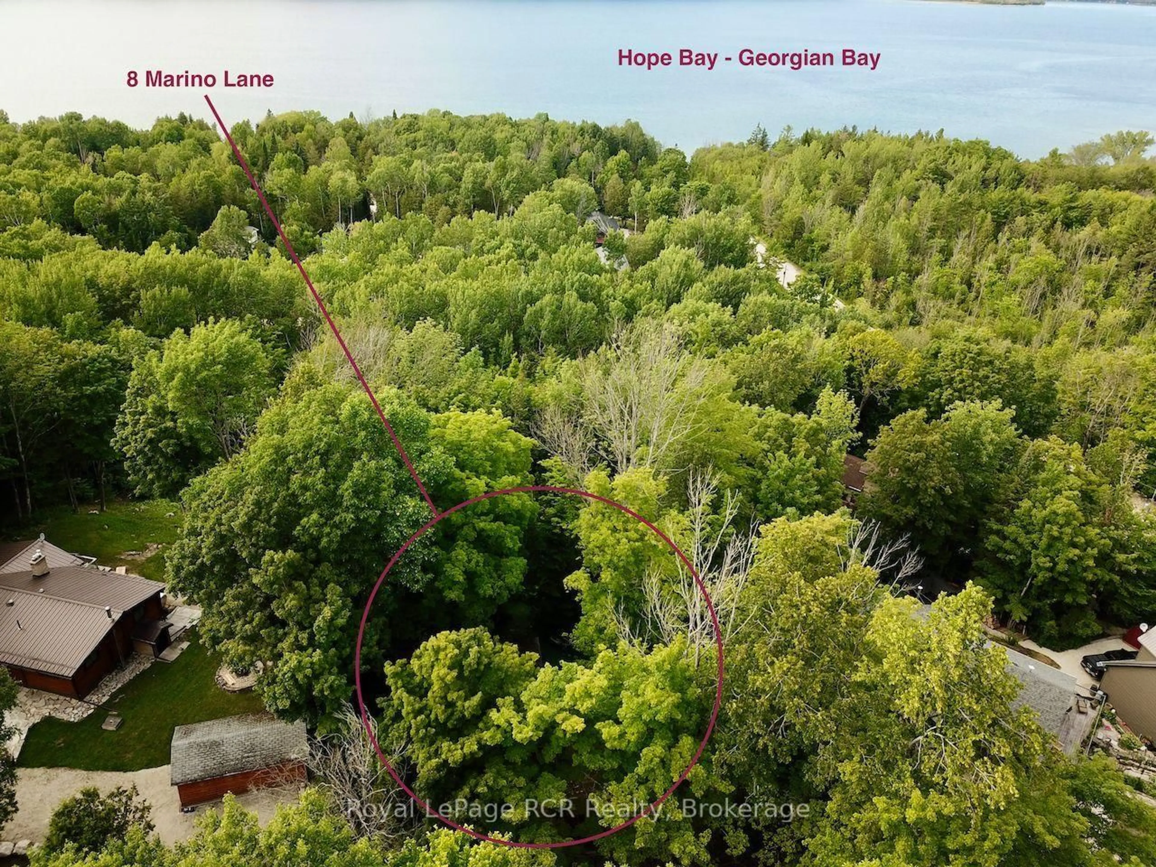 A pic from outside/outdoor area/front of a property/back of a property/a pic from drone, forest/trees view for 8 Marino Lane, South Bruce Peninsula Ontario N0H 2T0