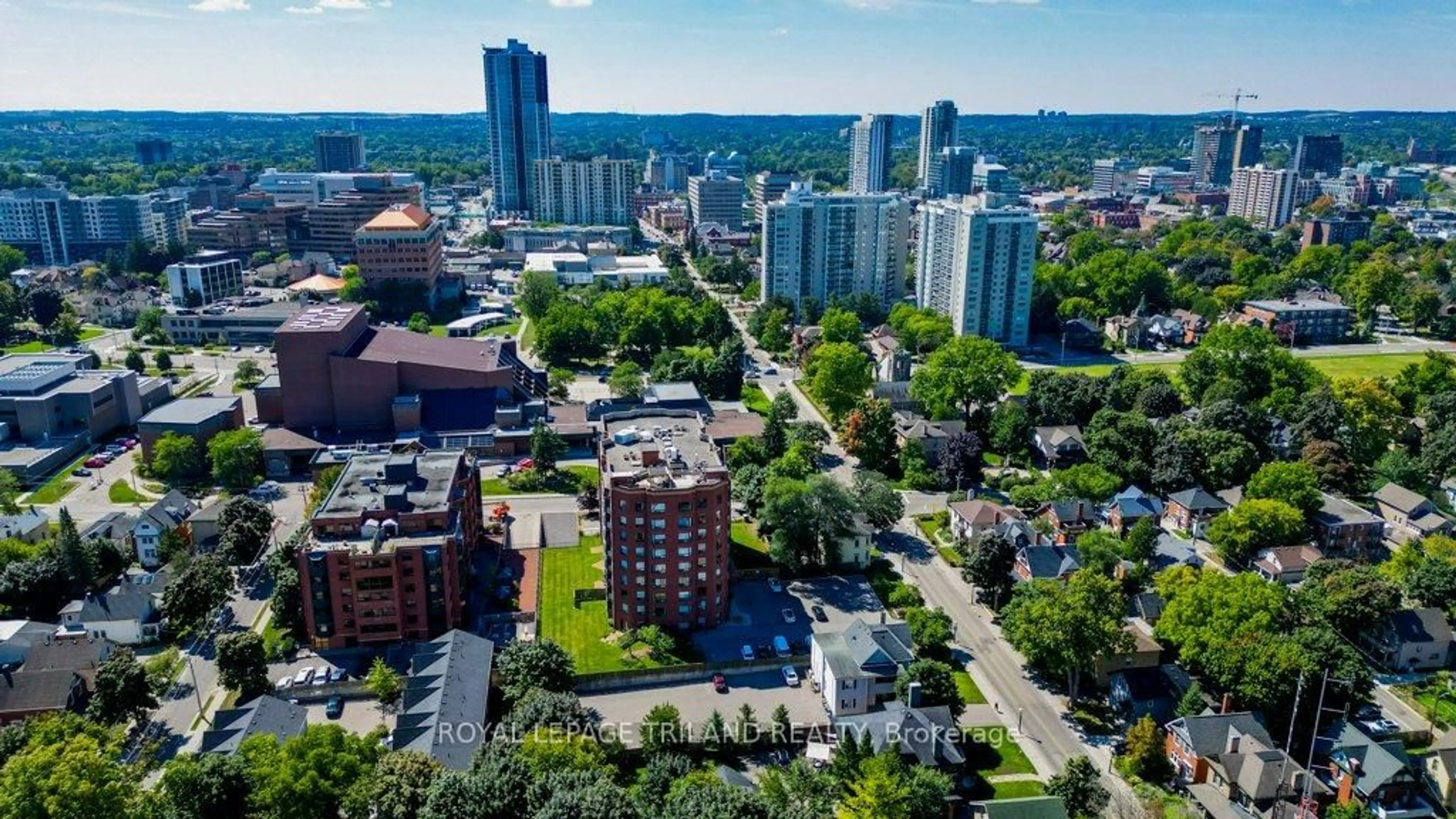 A pic from outside/outdoor area/front of a property/back of a property/a pic from drone, city buildings view from balcony for 20 Ellen St #403, Kitchener Ontario N3H 6R7