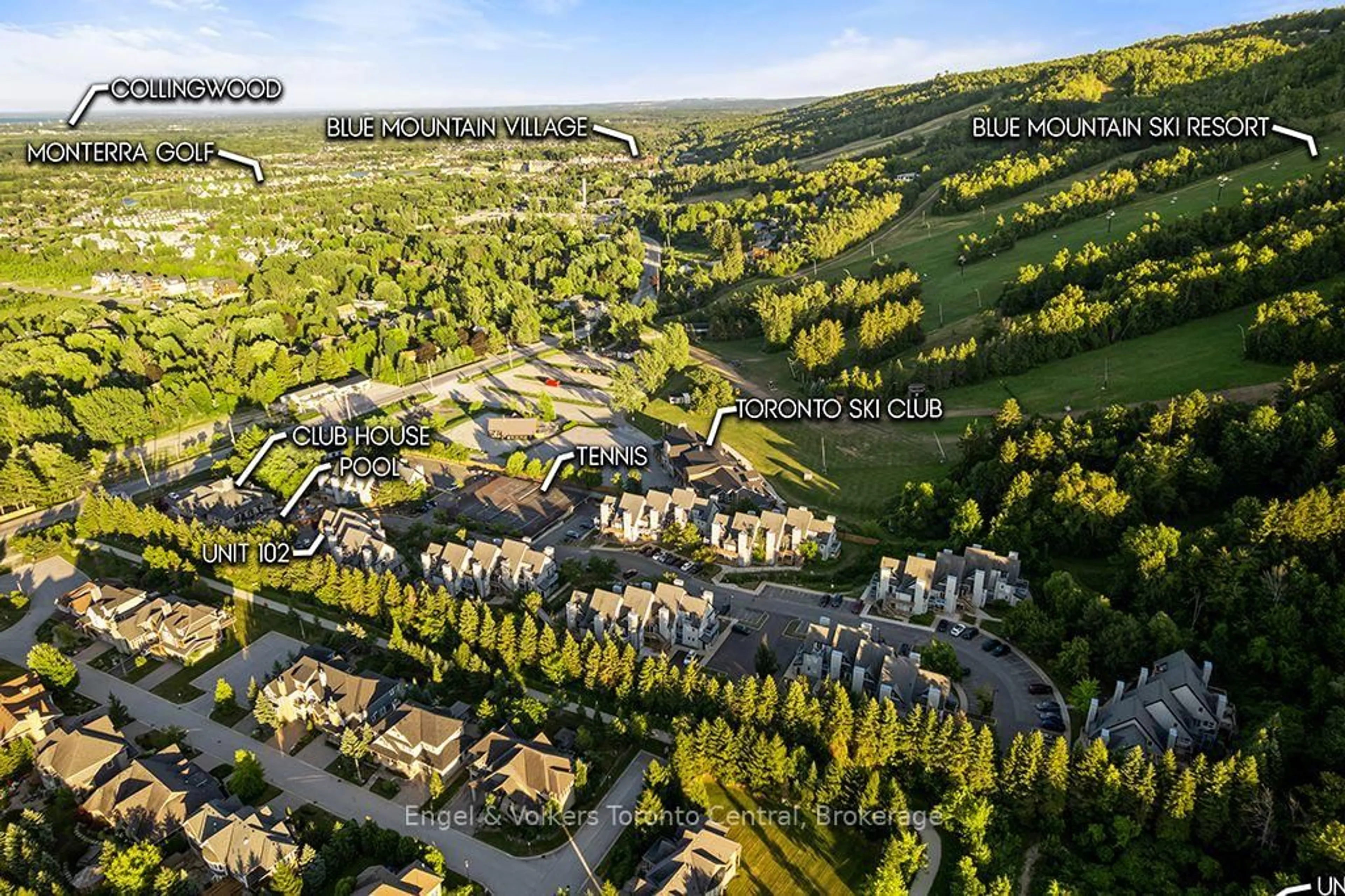 A pic from outside/outdoor area/front of a property/back of a property/a pic from drone, mountain view for 796468 Grey Road 19 Rd #102, Blue Mountains Ontario L9Y 0N6