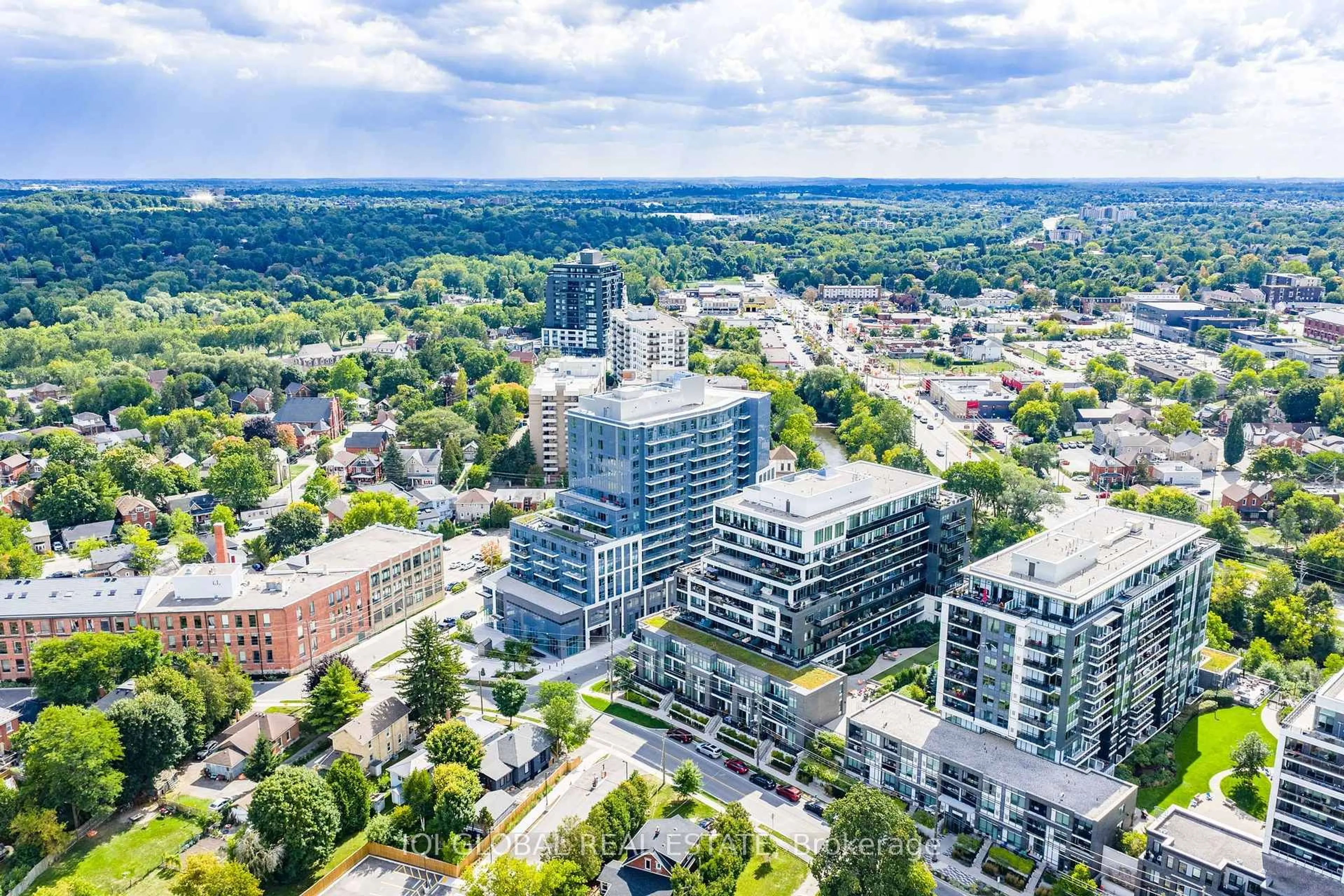 A pic from outside/outdoor area/front of a property/back of a property/a pic from drone, city buildings view from balcony for 93 Arthur St #105, Guelph Ontario N1E 0S6