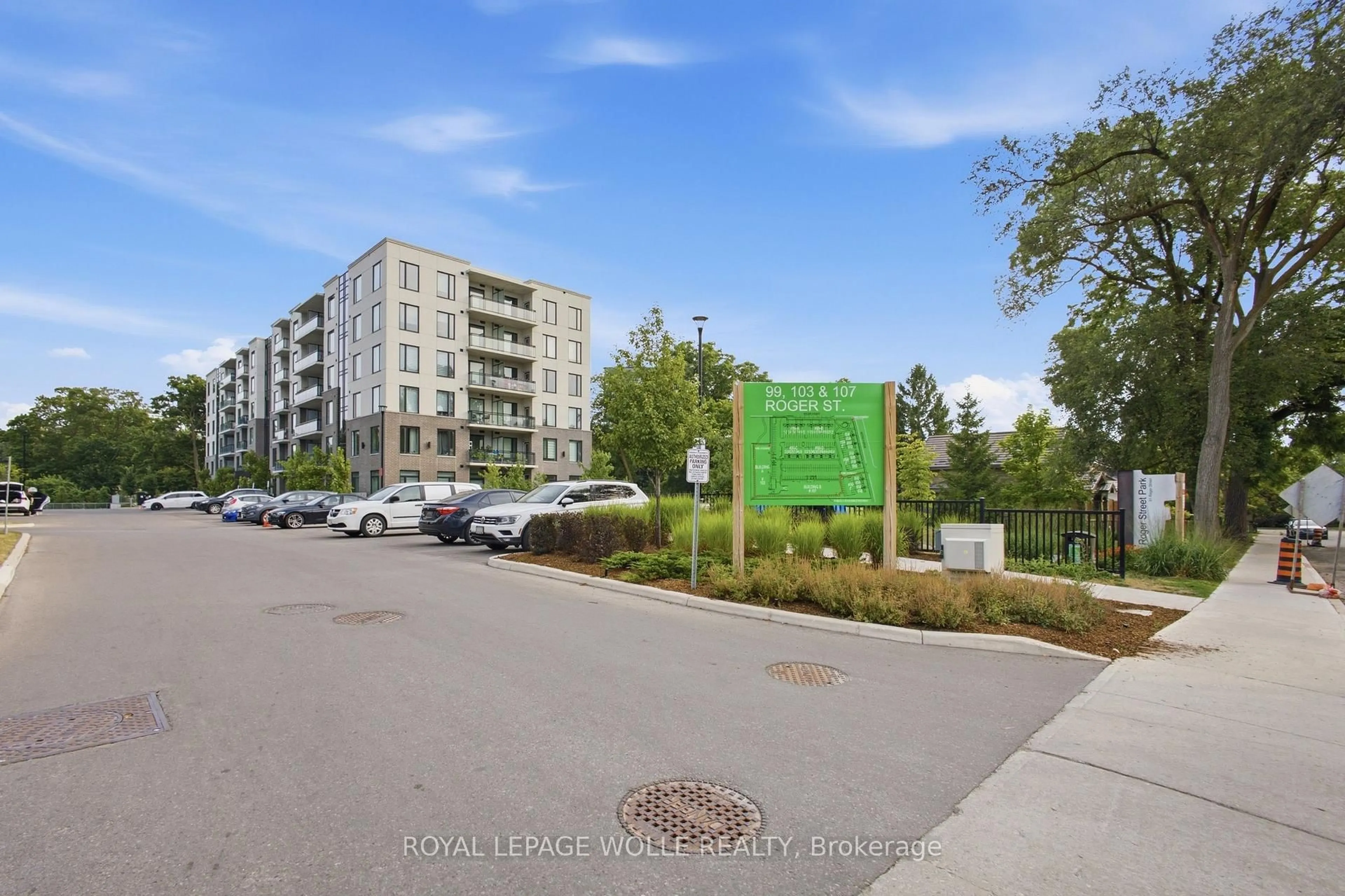 A pic from outside/outdoor area/front of a property/back of a property/a pic from drone, street for 107 Roger St #308, Waterloo Ontario N2J 0G2
