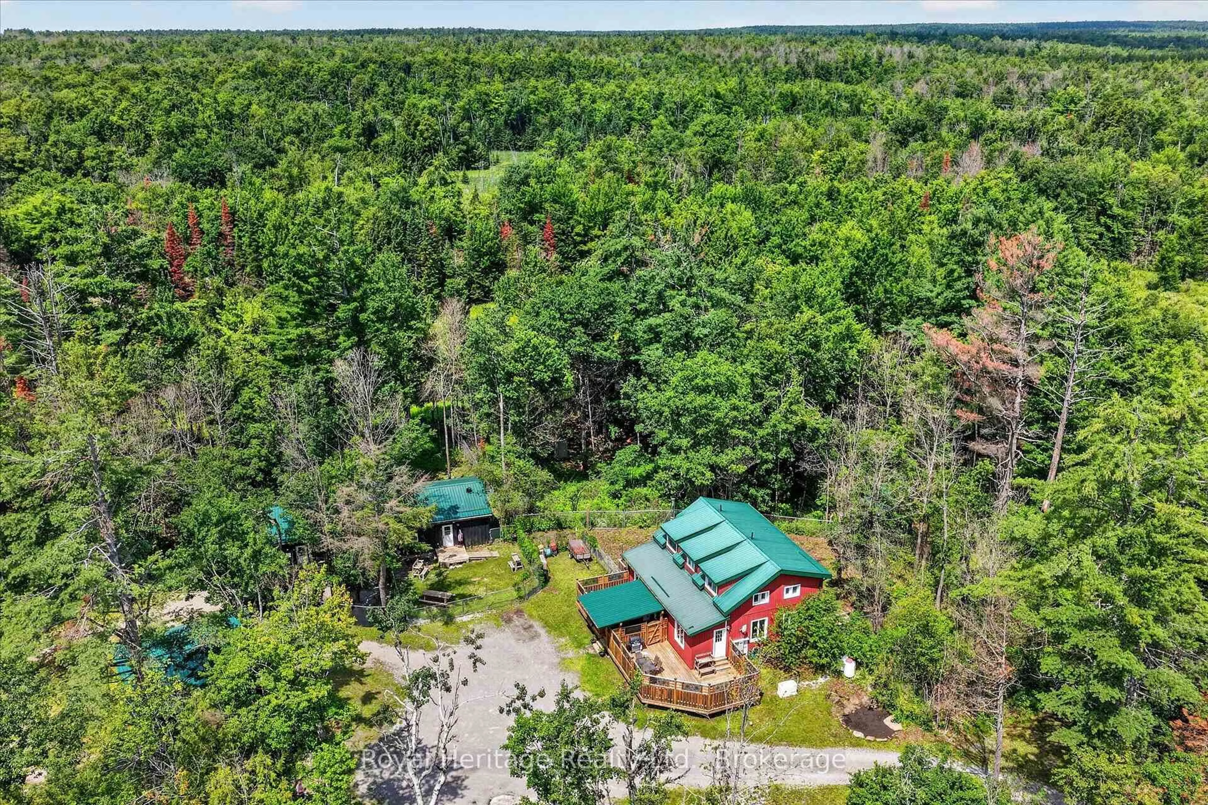 A pic from outside/outdoor area/front of a property/back of a property/a pic from drone, forest/trees view for 82 Kennedy Dr, Trent Lakes Ontario K0M 1A0