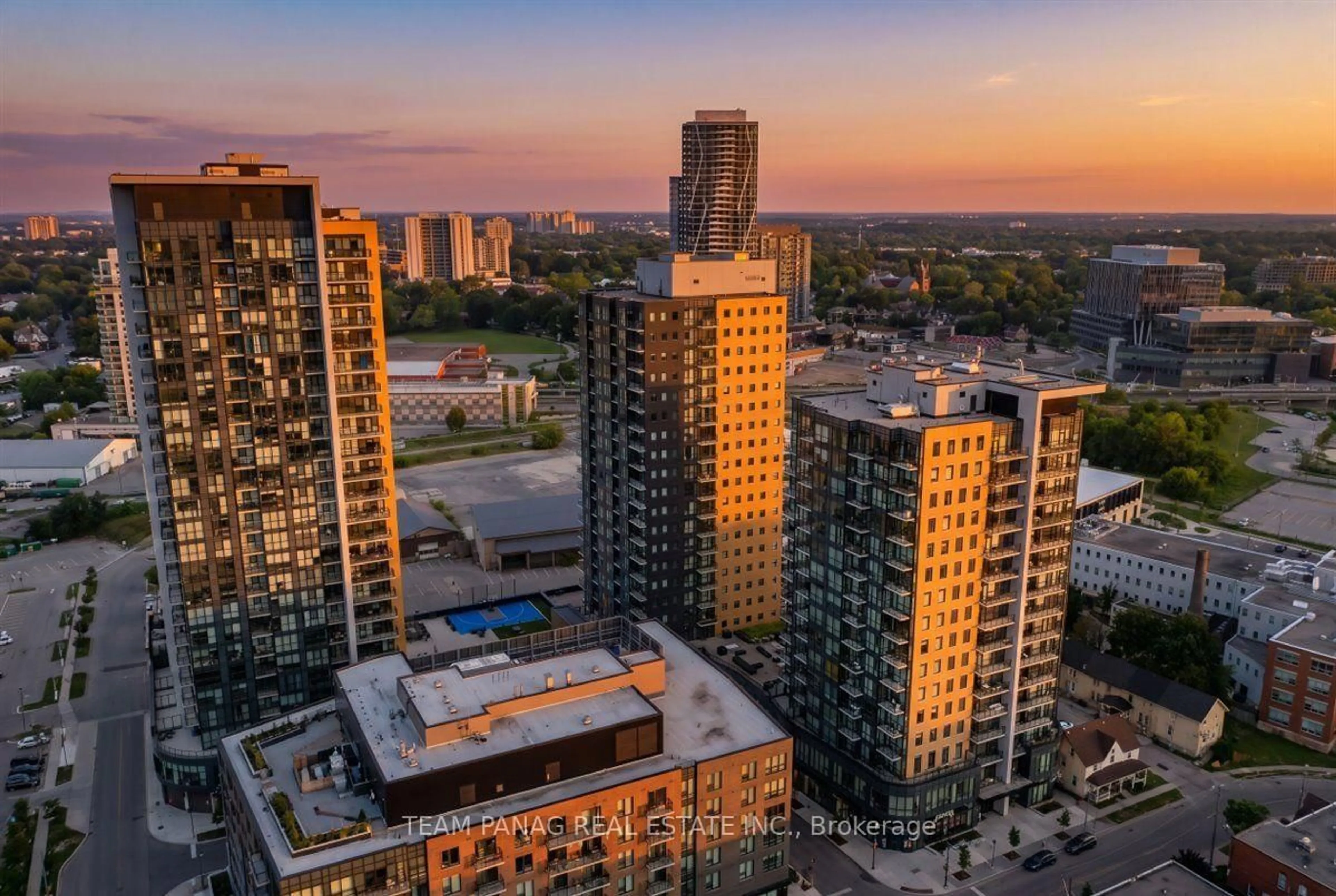 A pic from outside/outdoor area/front of a property/back of a property/a pic from drone, city buildings view from balcony for 104 Garment St #801, Kitchener Ontario N2G 0C8