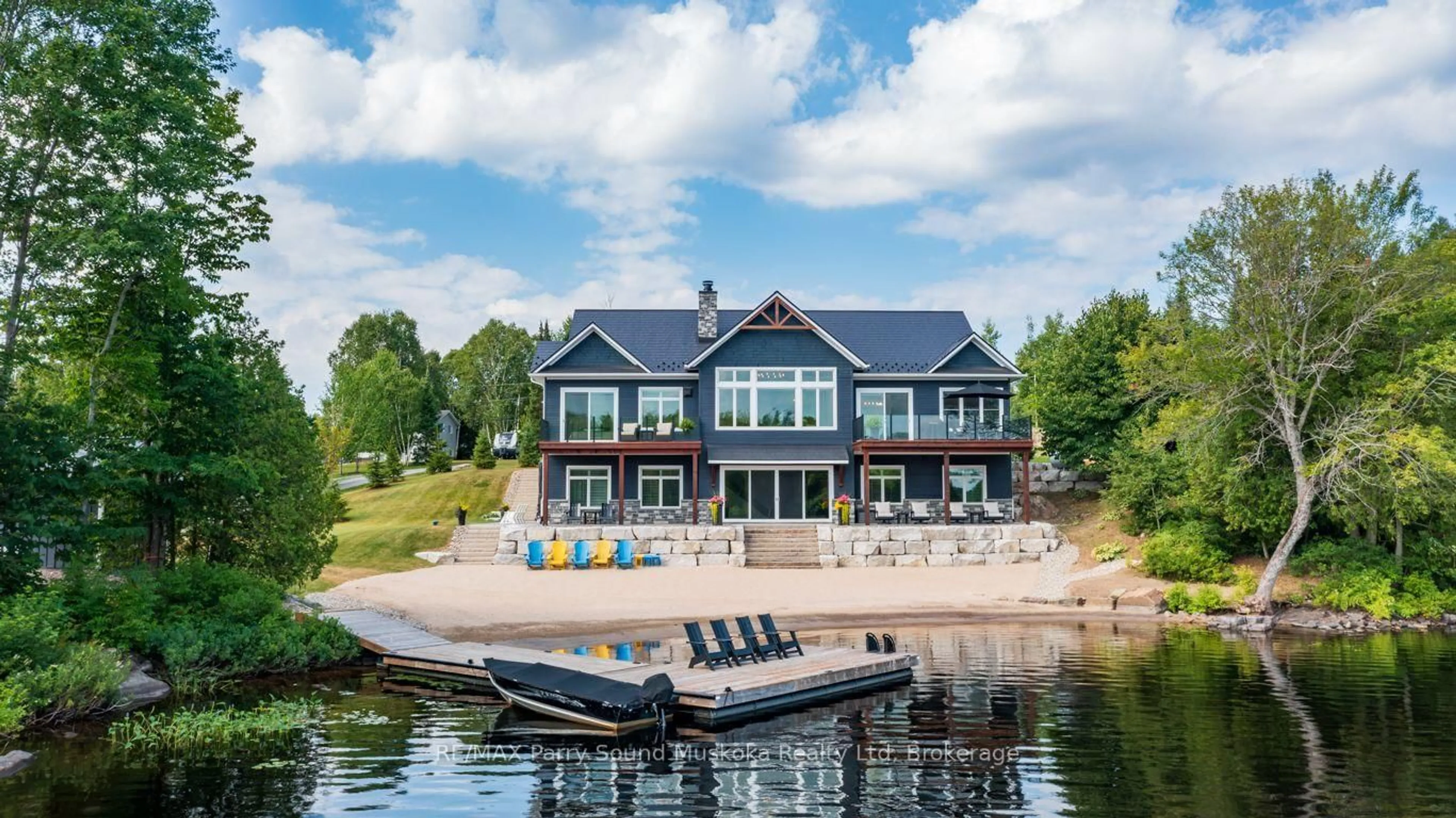 A pic from outside/outdoor area/front of a property/back of a property/a pic from drone, water/lake/river/ocean view for 19 Bears Paw, Whitestone Ontario P0A 1G0