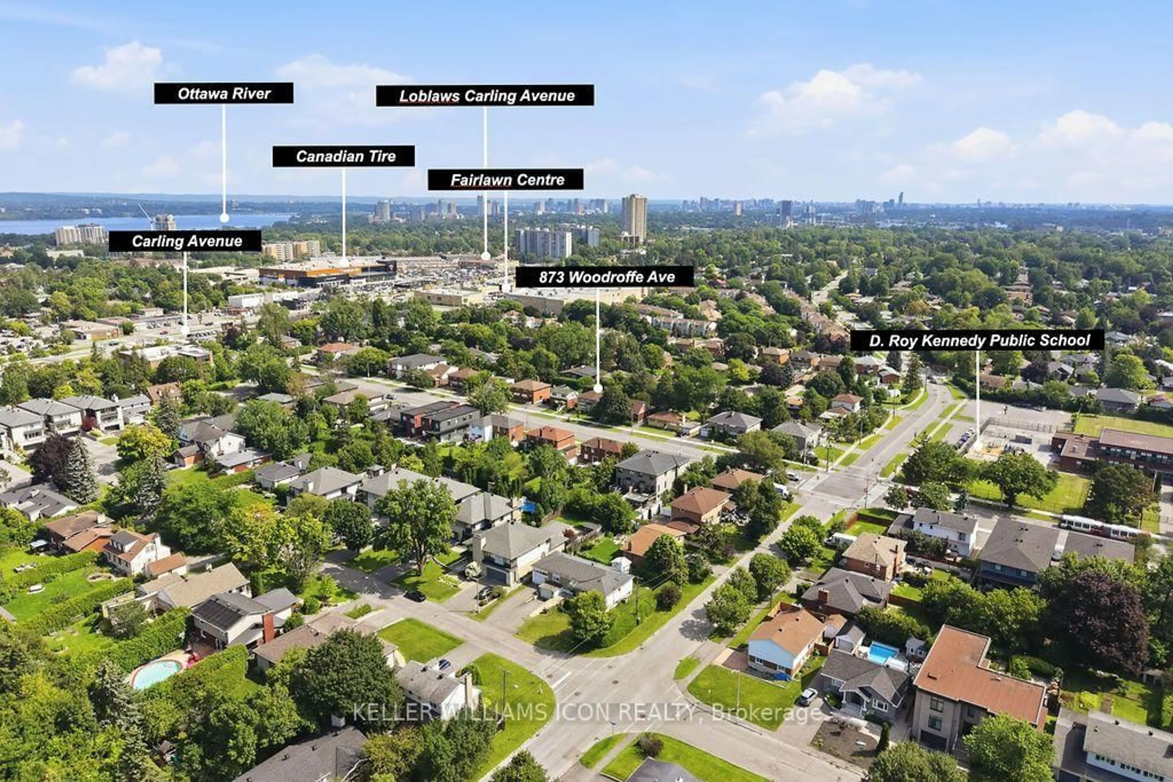 A pic from outside/outdoor area/front of a property/back of a property/a pic from drone, city buildings view from balcony for 873 Woodroffe Ave, Ottawa Ontario K2A 2G5