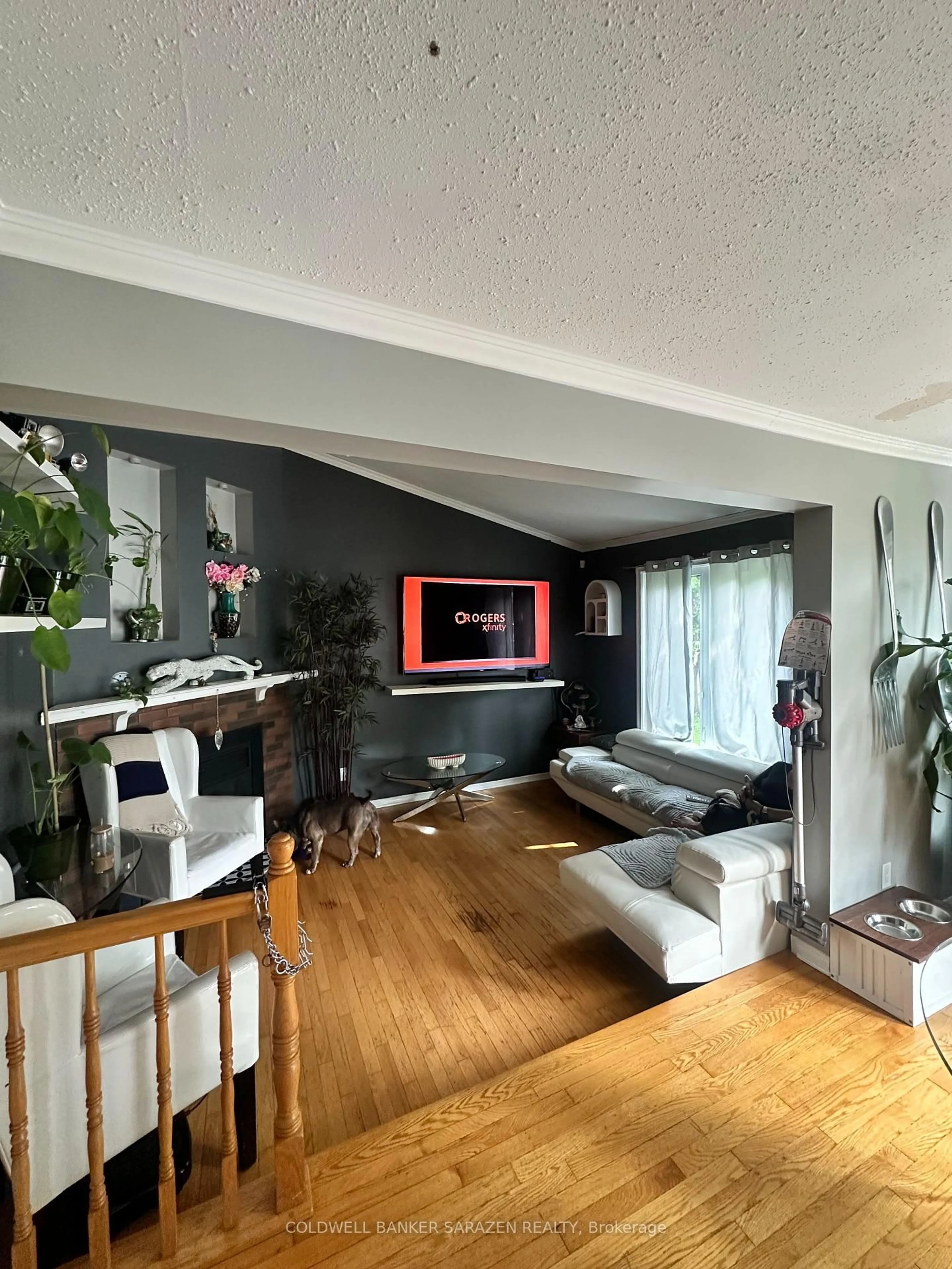 Living room with furniture, wood/laminate floor for 55 Bramblegrove Cres, Ottawa Ontario K1T 3G2