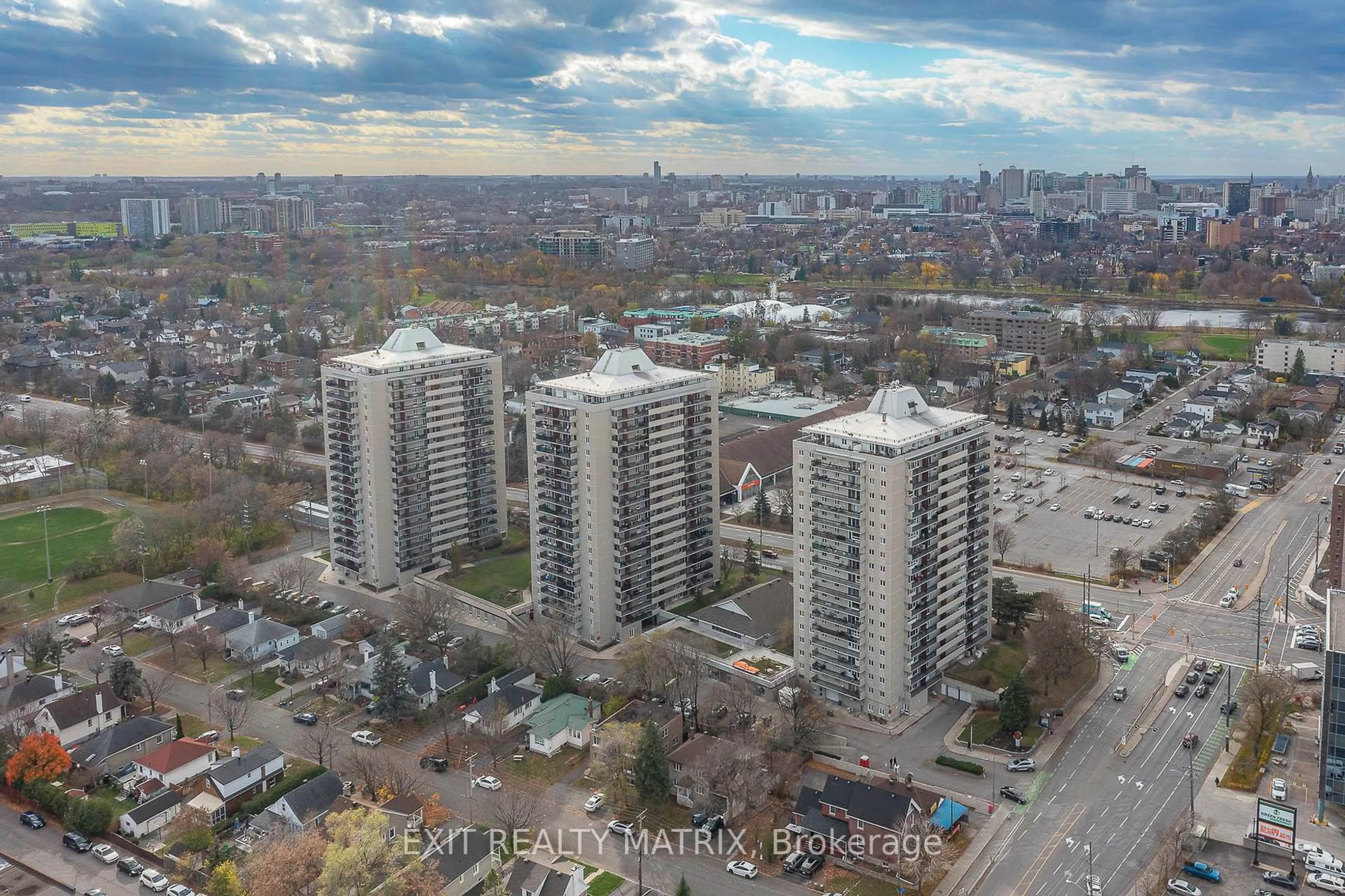A pic from outside/outdoor area/front of a property/back of a property/a pic from drone, city buildings view from balcony for 158 B McArthur Ave #1204, Ottawa Ontario K1L 8C9