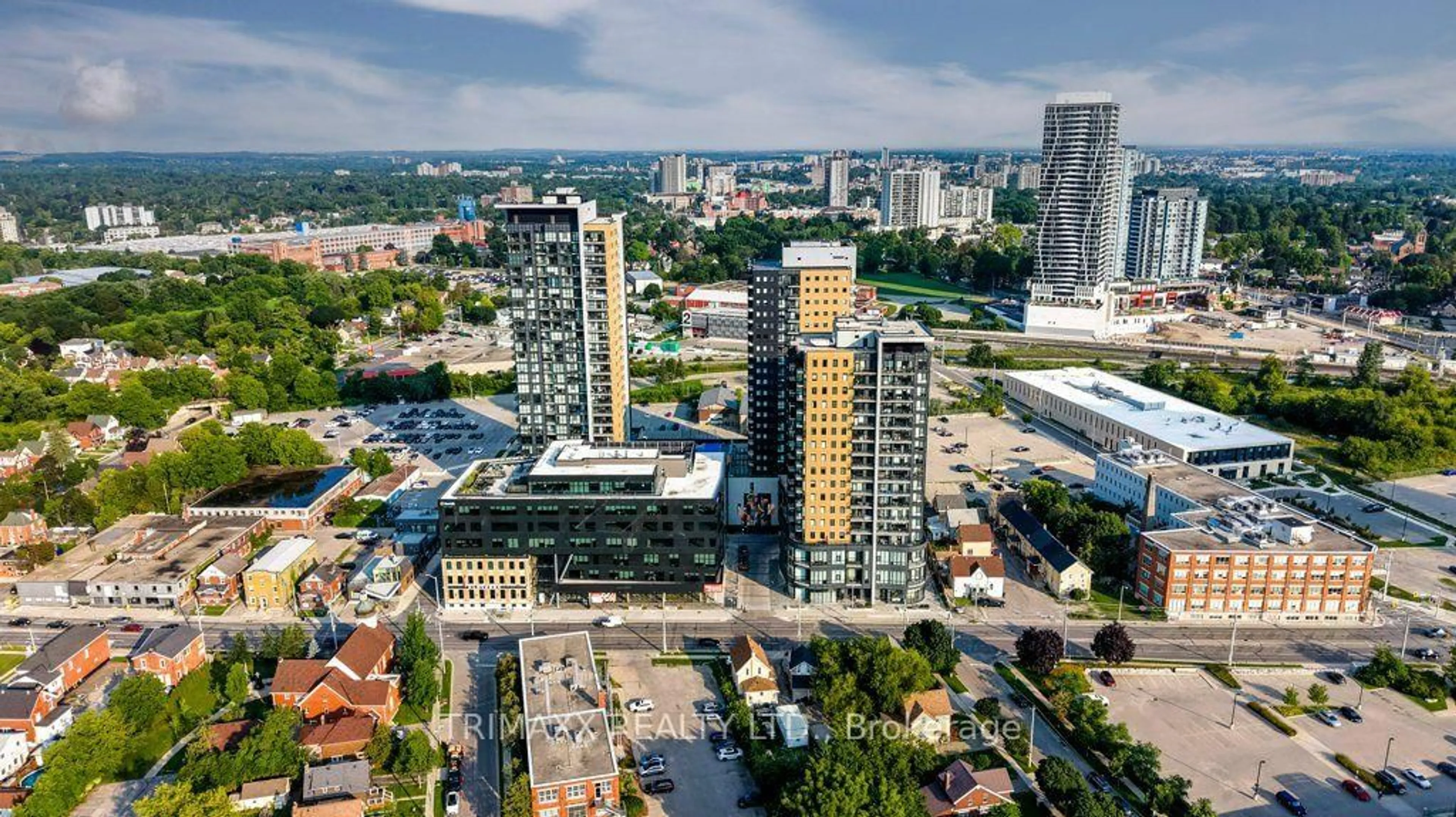 A pic from outside/outdoor area/front of a property/back of a property/a pic from drone, city buildings view from balcony for 100 Garment St, Kitchener Ontario N2G 0C3