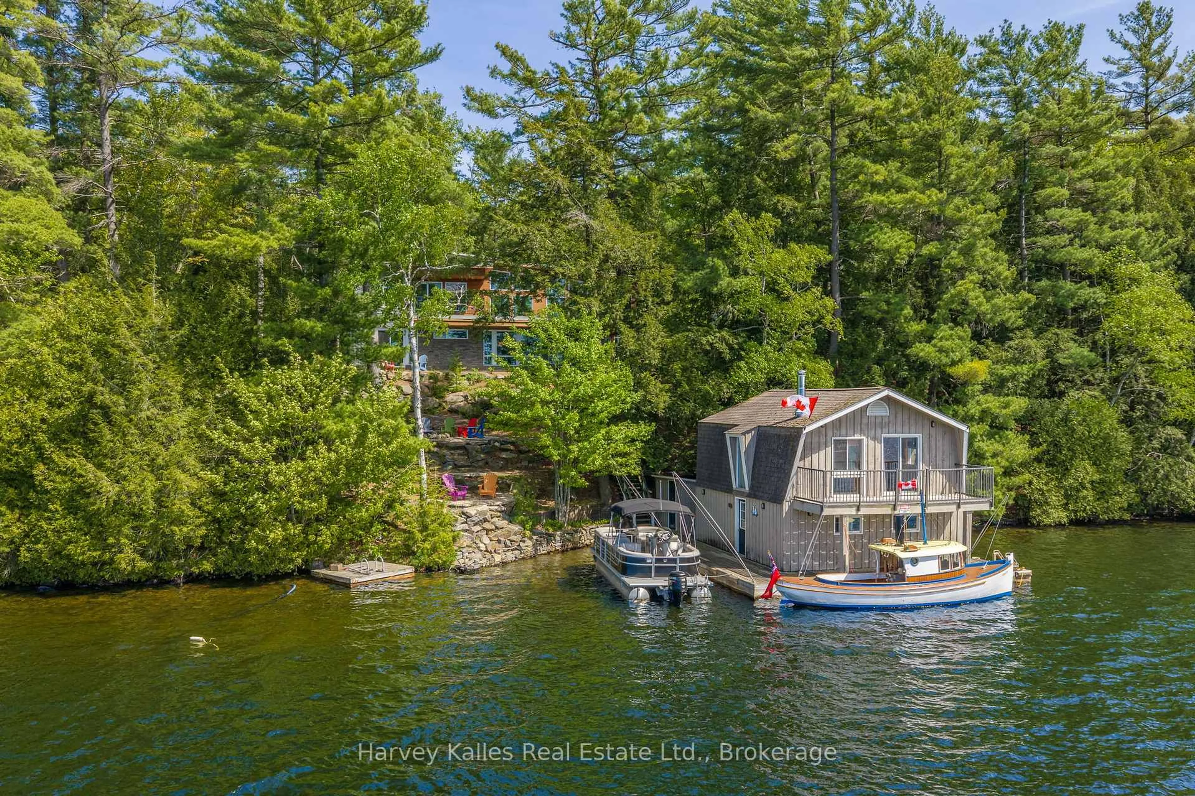 A pic from outside/outdoor area/front of a property/back of a property/a pic from drone, water/lake/river/ocean view for 43 Houston Lane, Seguin Ontario P2A 0B2