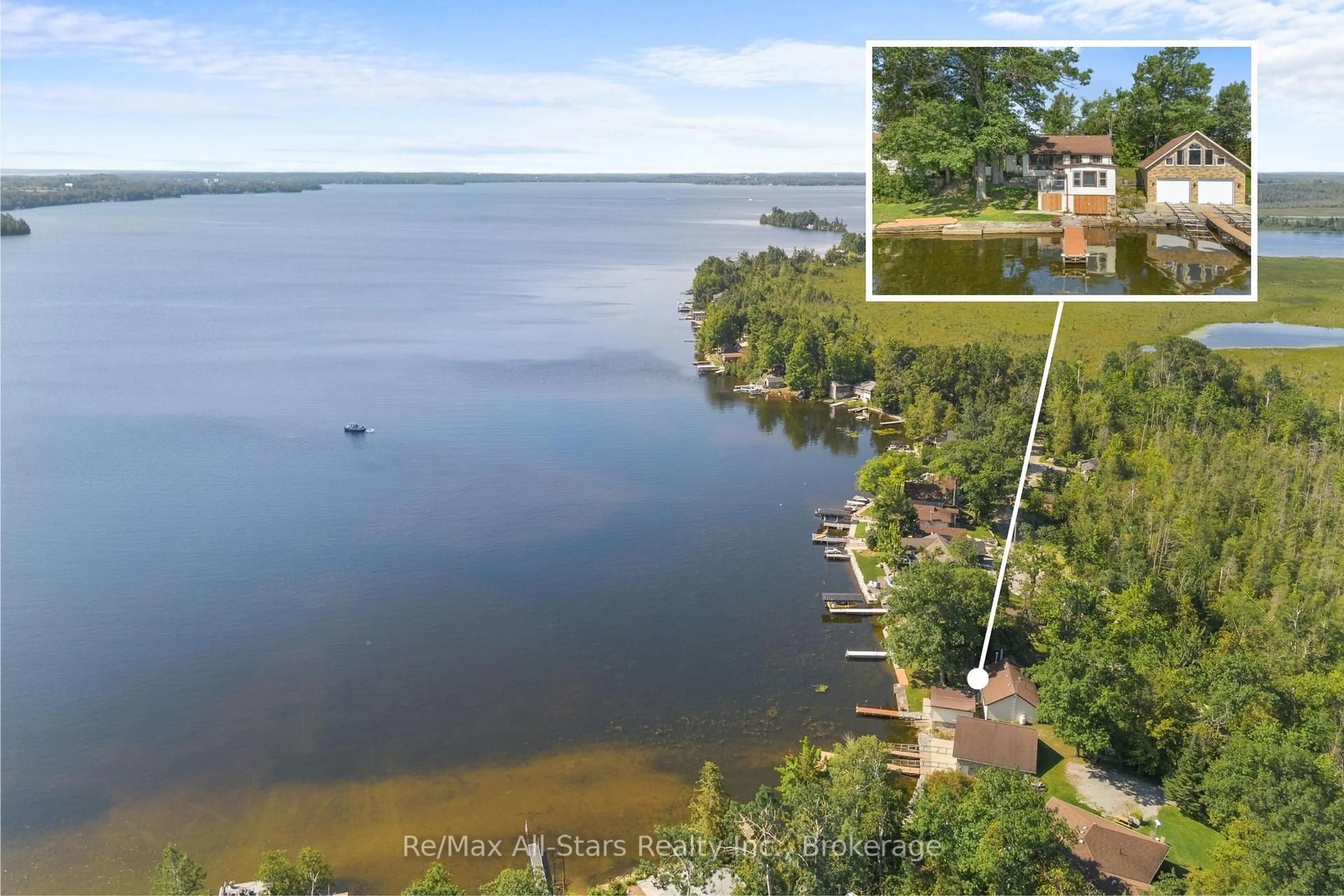 A pic from outside/outdoor area/front of a property/back of a property/a pic from drone, water/lake/river/ocean view for 75 Fells Point Rd, Kawartha Lakes Ontario K0M 1N0
