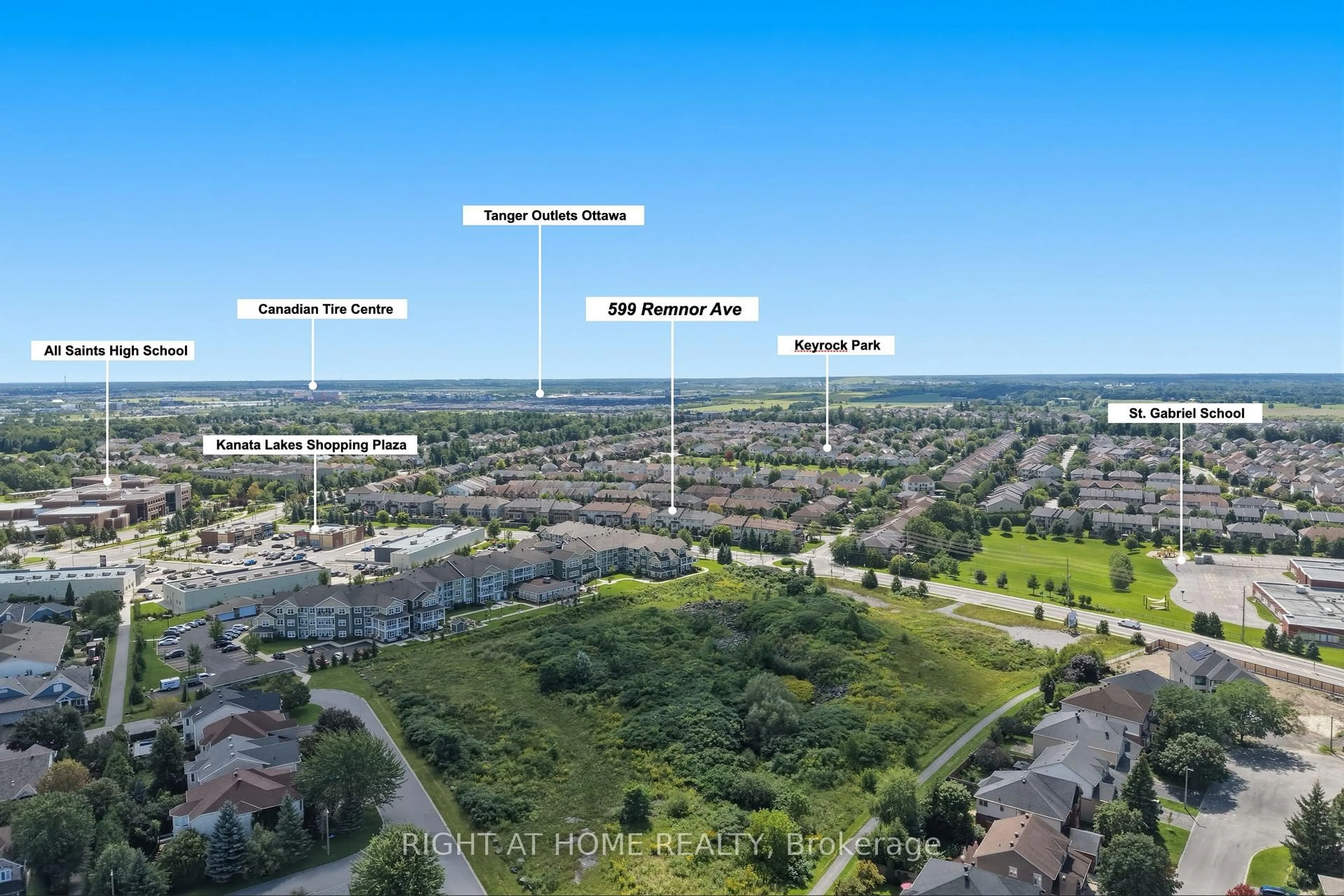 A pic from outside/outdoor area/front of a property/back of a property/a pic from drone, water/lake/river/ocean view for 599 Remnor Ave, Ottawa Ontario K2T 0A6