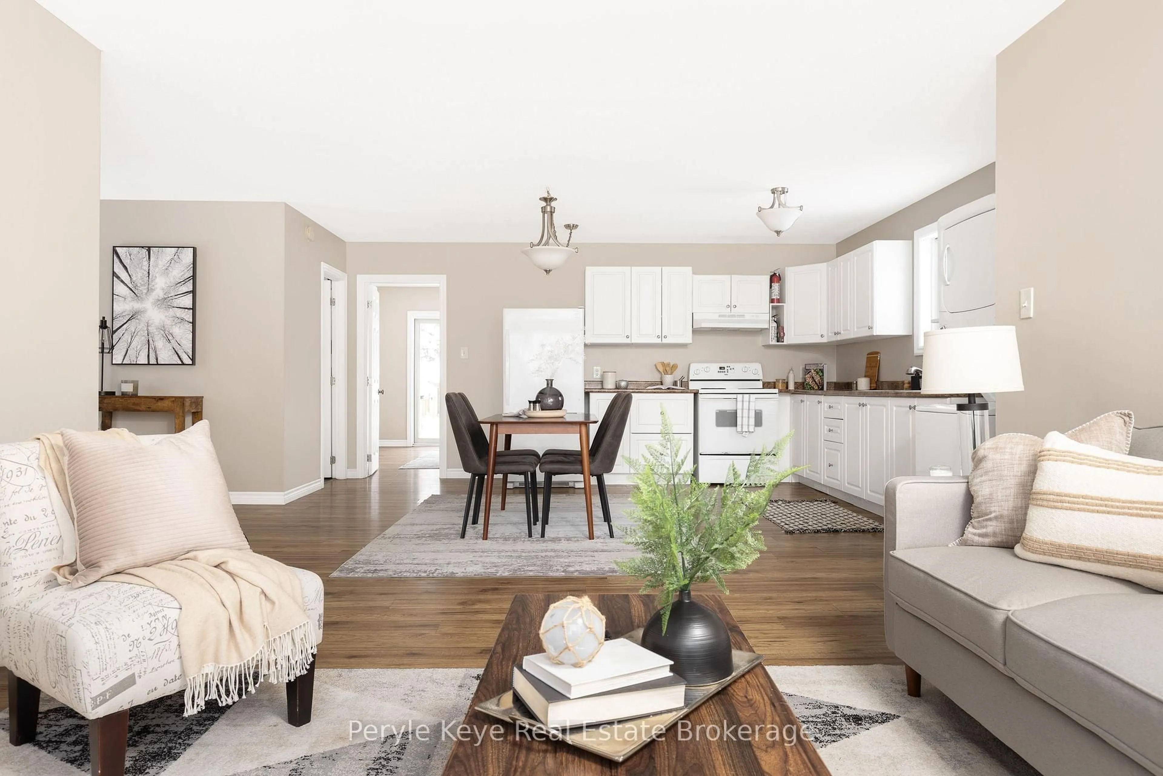 Living room with furniture, wood/laminate floor for 820 Manitoba St, Bracebridge Ontario P1L 0K8