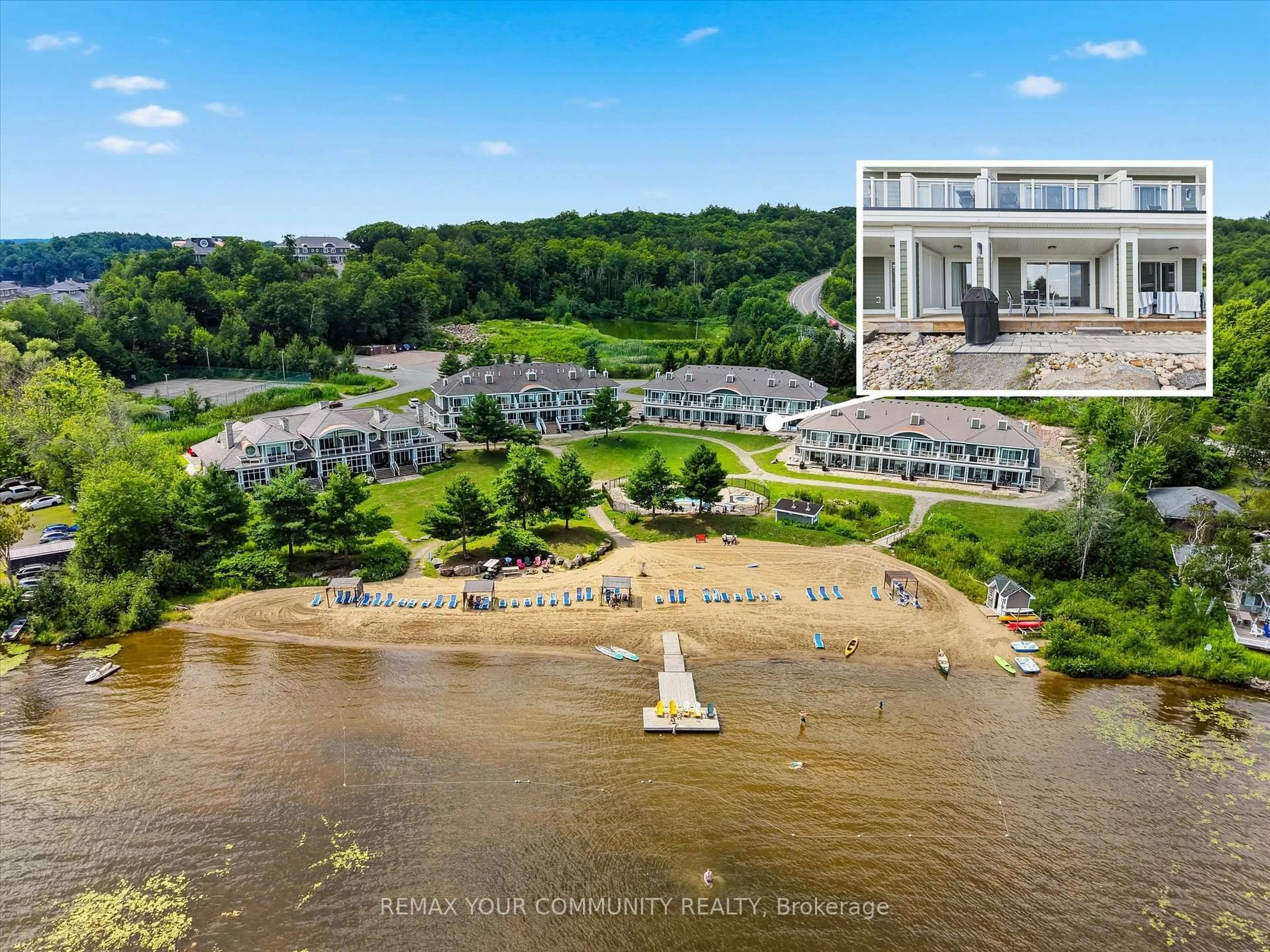 A pic from outside/outdoor area/front of a property/back of a property/a pic from drone, water/lake/river/ocean view for 1869 Muskoka Road 118 #BHV-B-105, Muskoka Lakes Ontario P1L 1W8