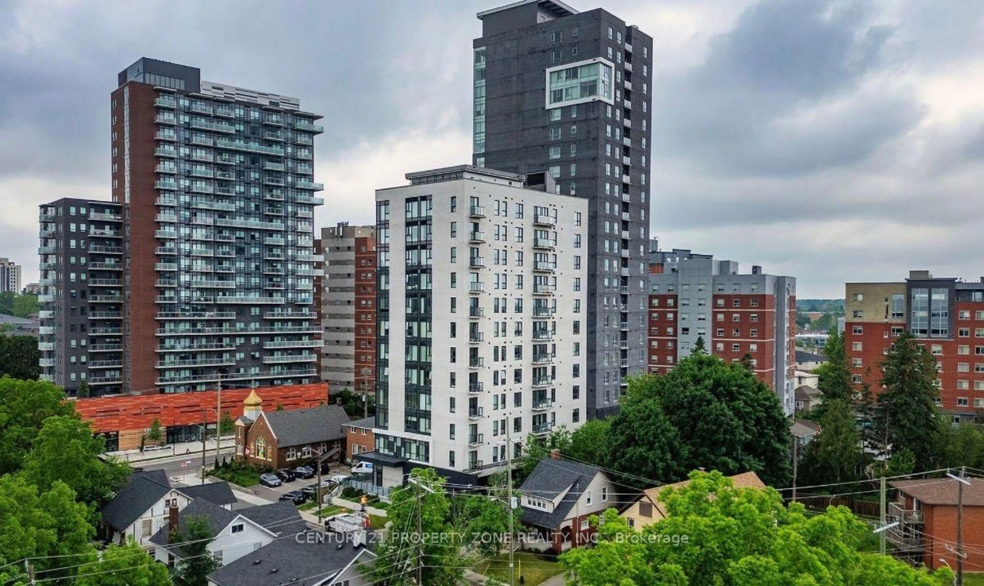 A pic from outside/outdoor area/front of a property/back of a property/a pic from drone, city buildings view from balcony for 158 King St #307, Waterloo Ontario N2J 2Y2