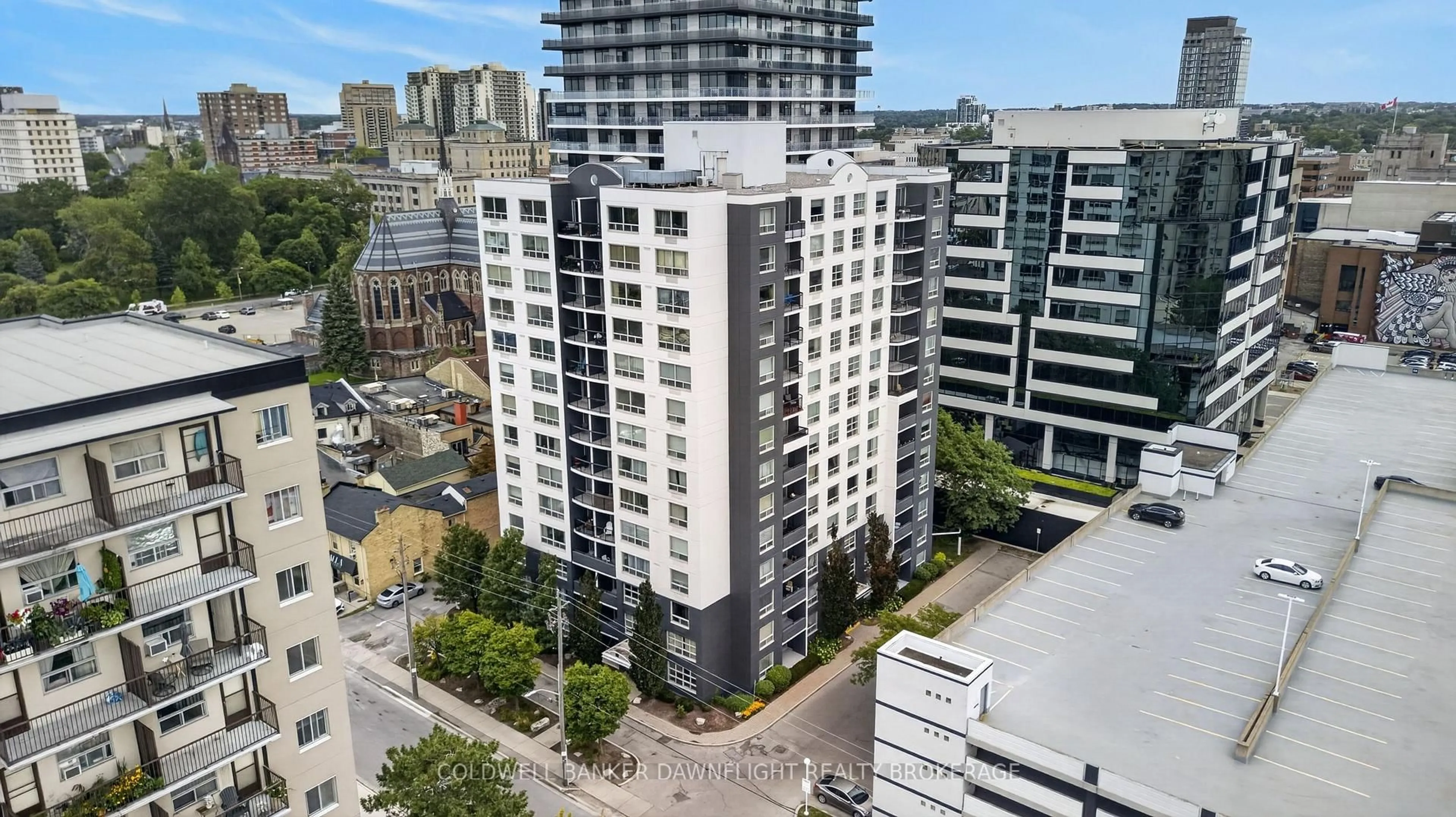 A pic from outside/outdoor area/front of a property/back of a property/a pic from drone, city buildings view from balcony for 155 Kent St #505, London East Ontario N6A 5N7