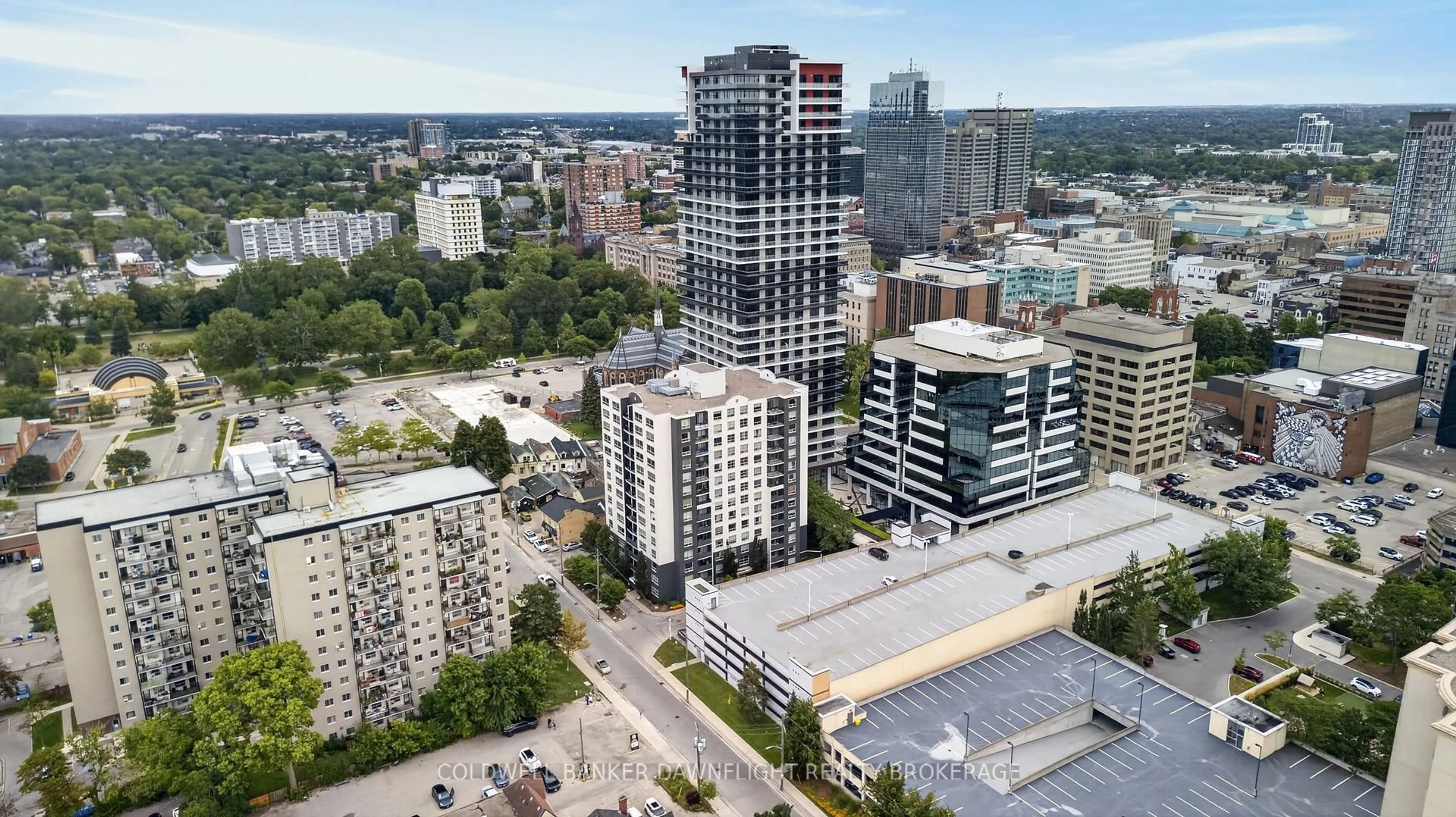 A pic from outside/outdoor area/front of a property/back of a property/a pic from drone, city buildings view from balcony for 155 Kent St #505, London East Ontario N6A 5N7