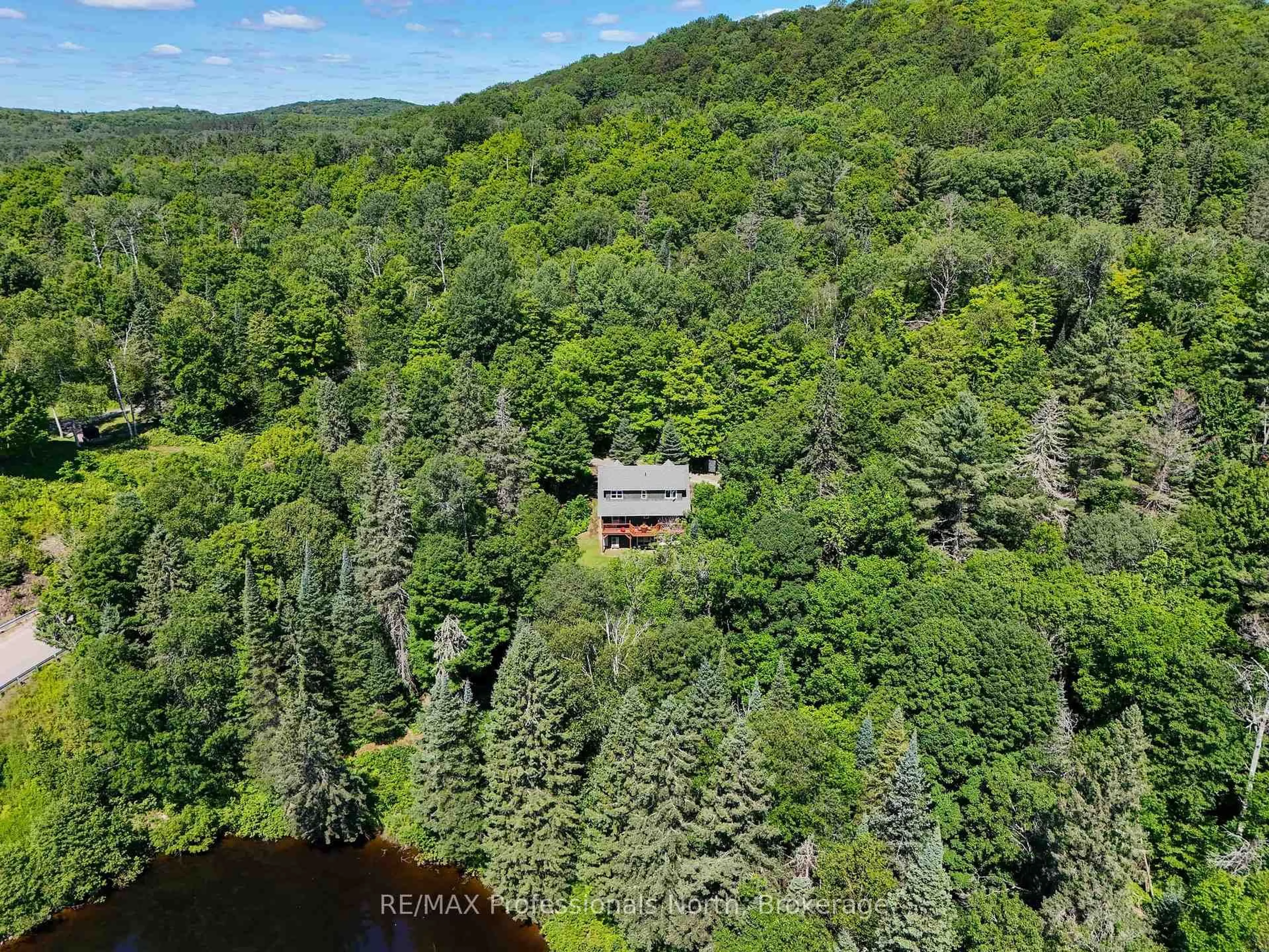 A pic from outside/outdoor area/front of a property/back of a property/a pic from drone, forest/trees view for 1237 Williamsport Rd, Huntsville Ontario P1H 2J4