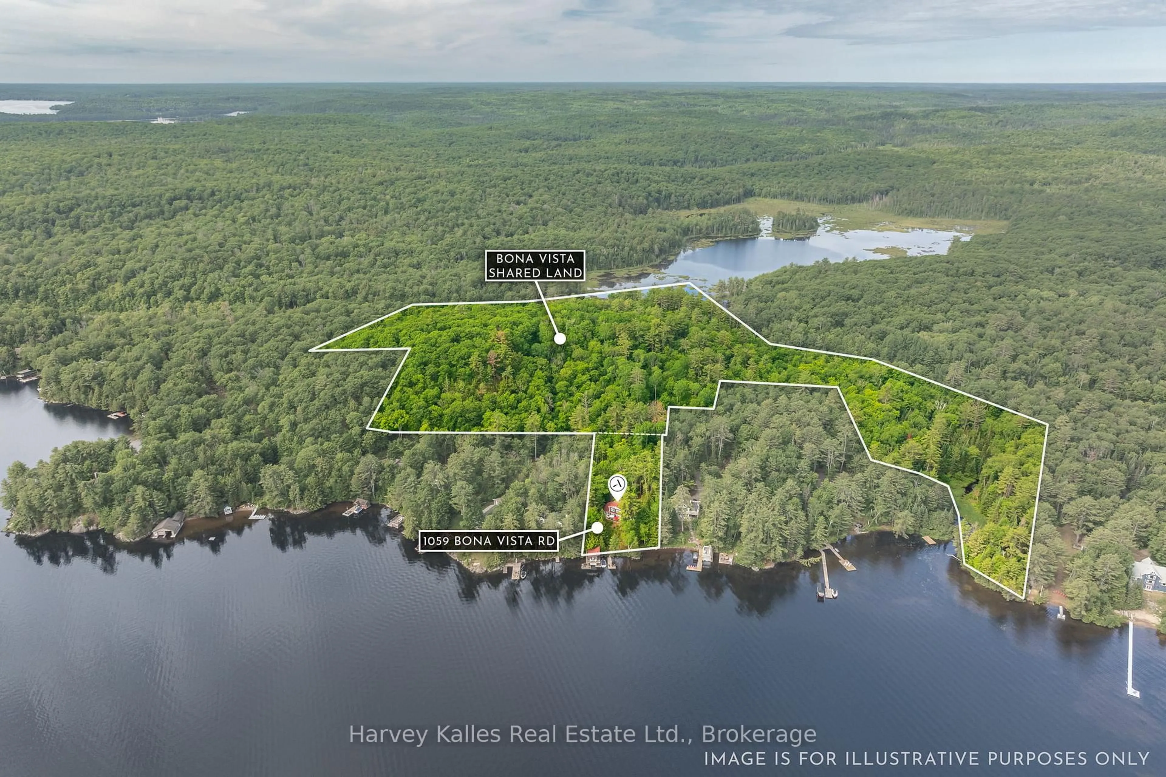 A pic from outside/outdoor area/front of a property/back of a property/a pic from drone, water/lake/river/ocean view for 1059 Bona Vista Rd, Lake of Bays Ontario P1H 2J3
