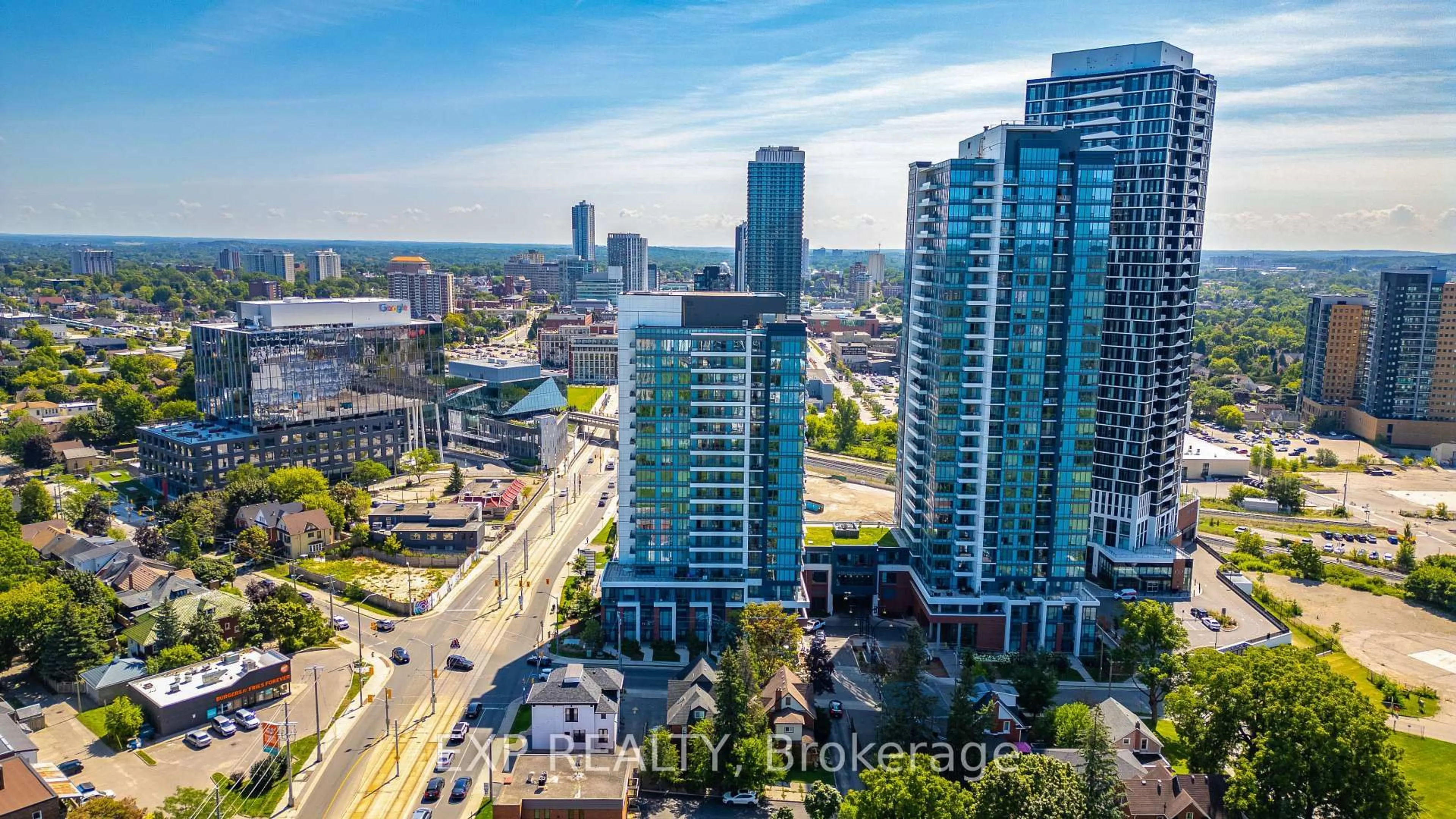 A pic from outside/outdoor area/front of a property/back of a property/a pic from drone, city buildings view from balcony for 5 Wellington St #1011, Kitchener Ontario N2G 1C7