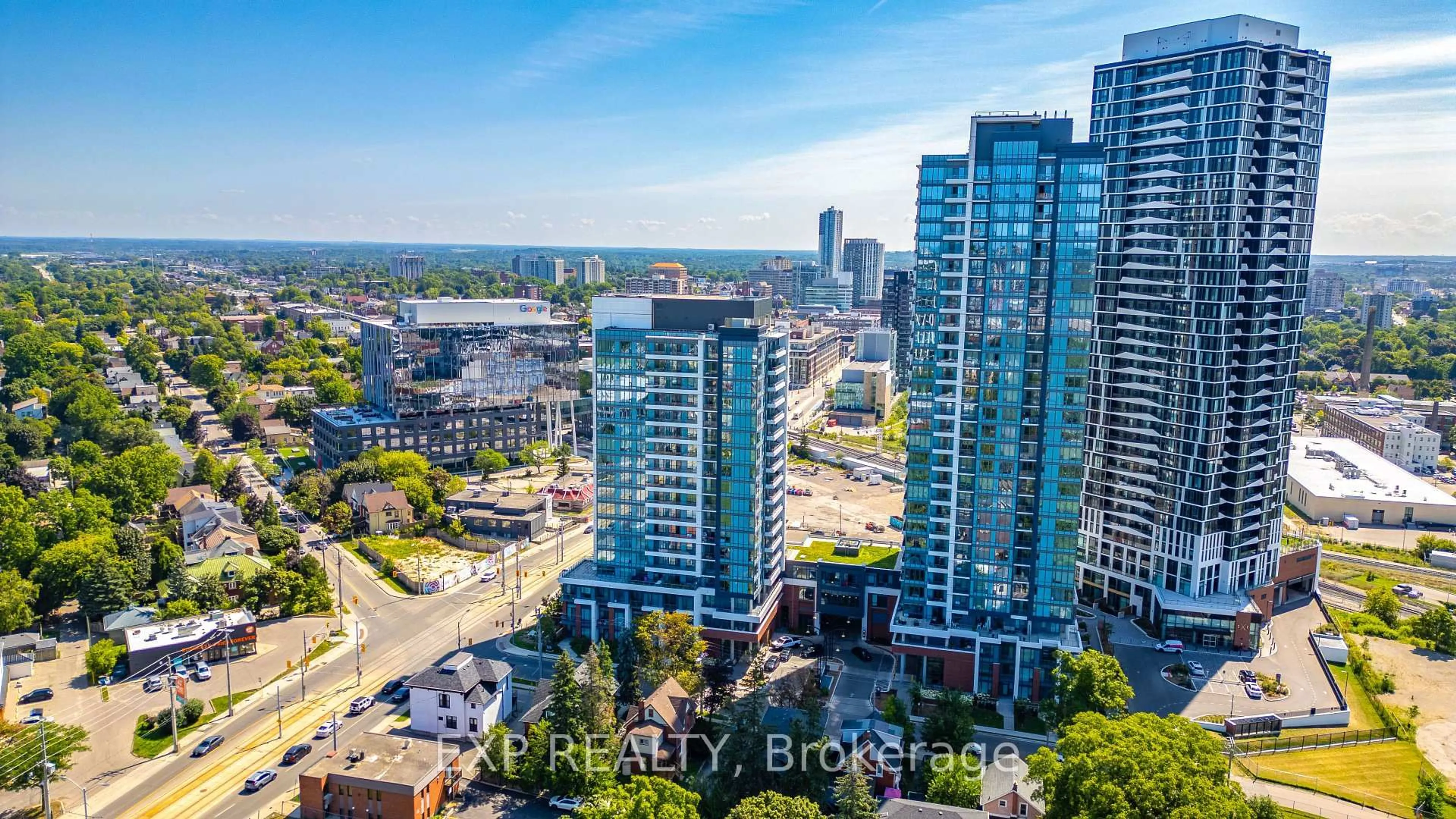 A pic from outside/outdoor area/front of a property/back of a property/a pic from drone, city buildings view from balcony for 5 Wellington St #1011, Kitchener Ontario N2G 1C7