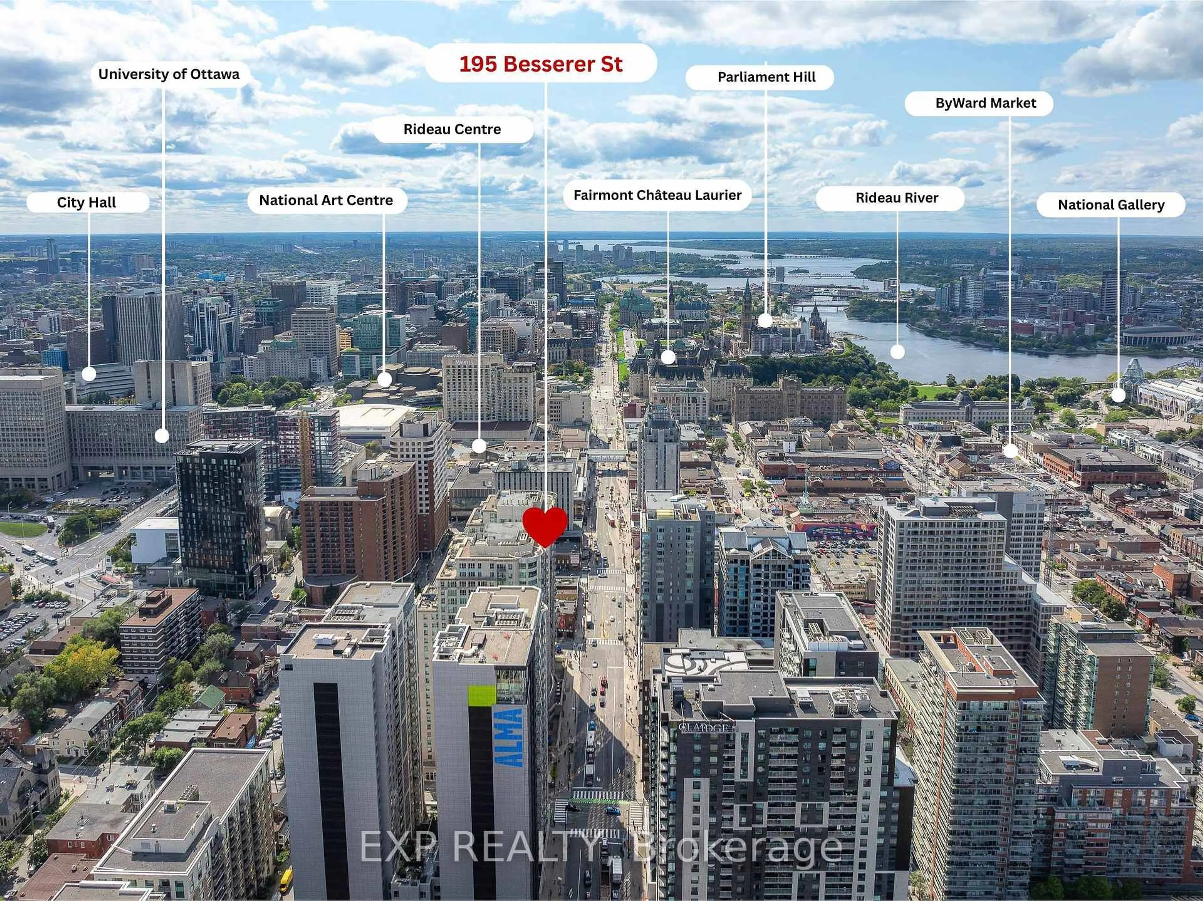A pic from outside/outdoor area/front of a property/back of a property/a pic from drone, city buildings view from balcony for 195 Besserer St #1405, Ottawa Ontario K1N 0B6