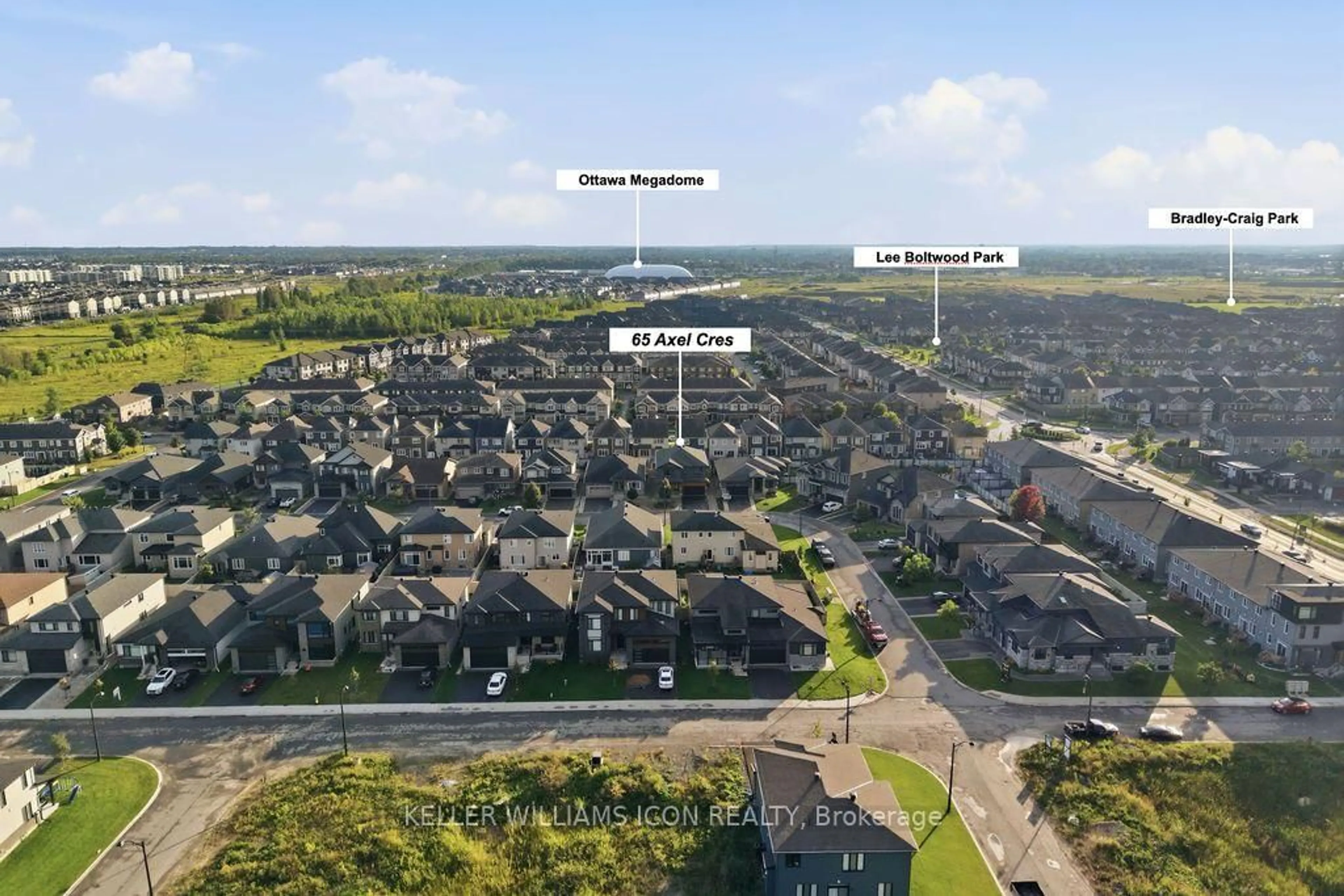 A pic from outside/outdoor area/front of a property/back of a property/a pic from drone, water/lake/river/ocean view for 65 Axel Cres, Ottawa Ontario K2V 0L3