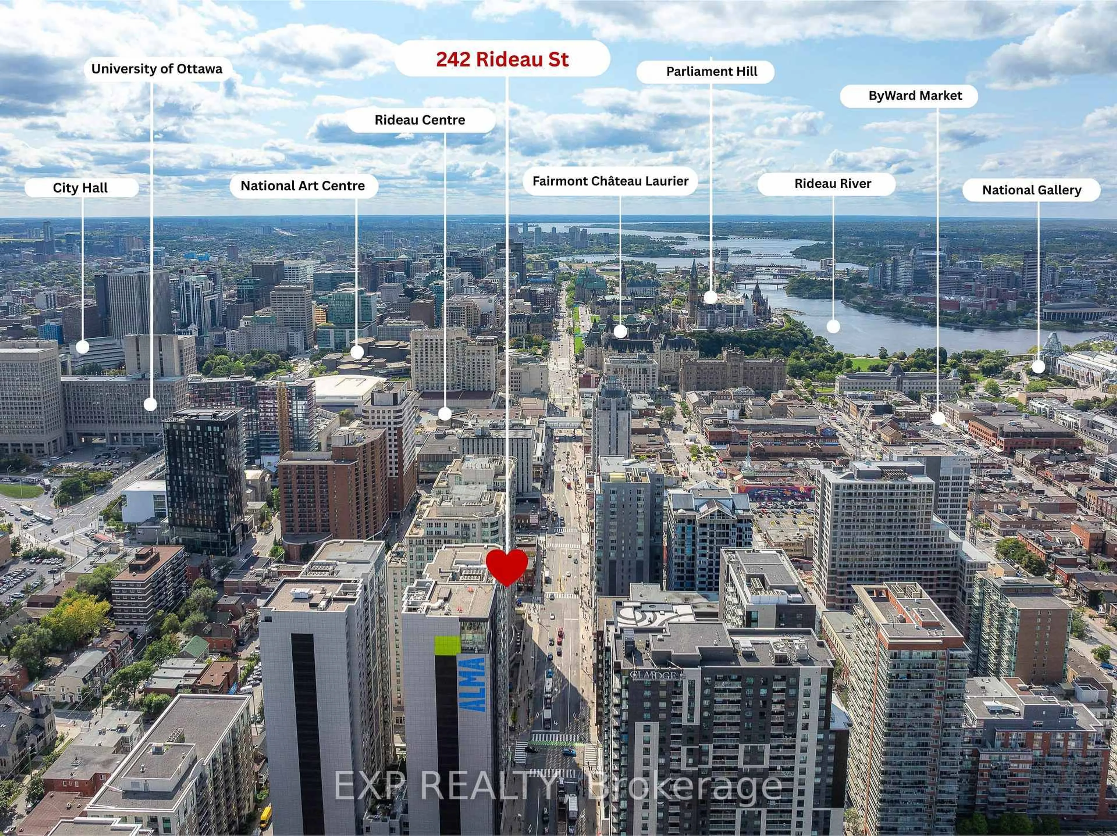 A pic from outside/outdoor area/front of a property/back of a property/a pic from drone, city buildings view from balcony for 242 Rideau St #1906, Ottawa Ontario K1N 0B7