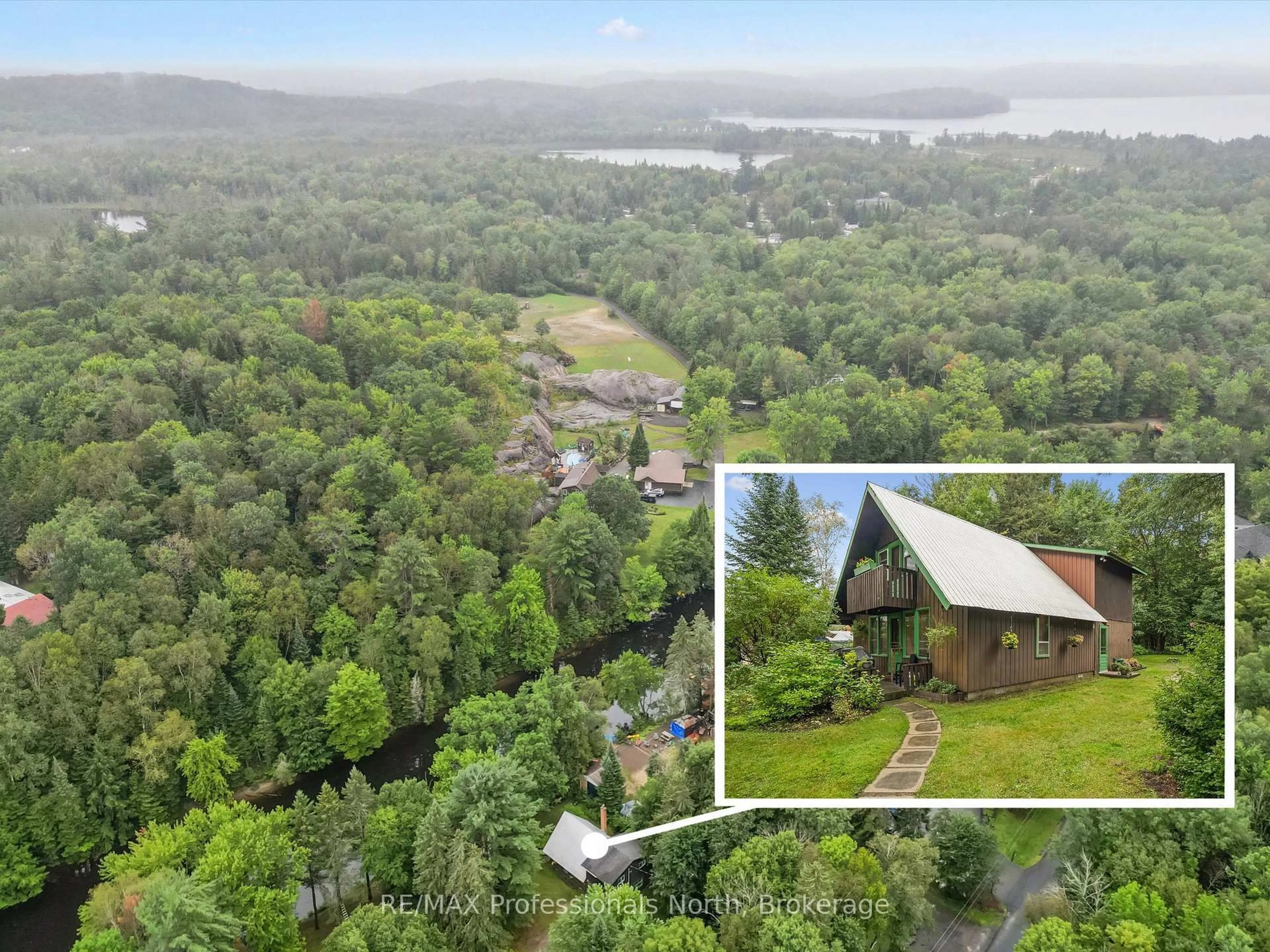 A pic from outside/outdoor area/front of a property/back of a property/a pic from drone, water/lake/river/ocean view for 19 Glen Acres Rd, Huntsville Ontario P1H 1N6